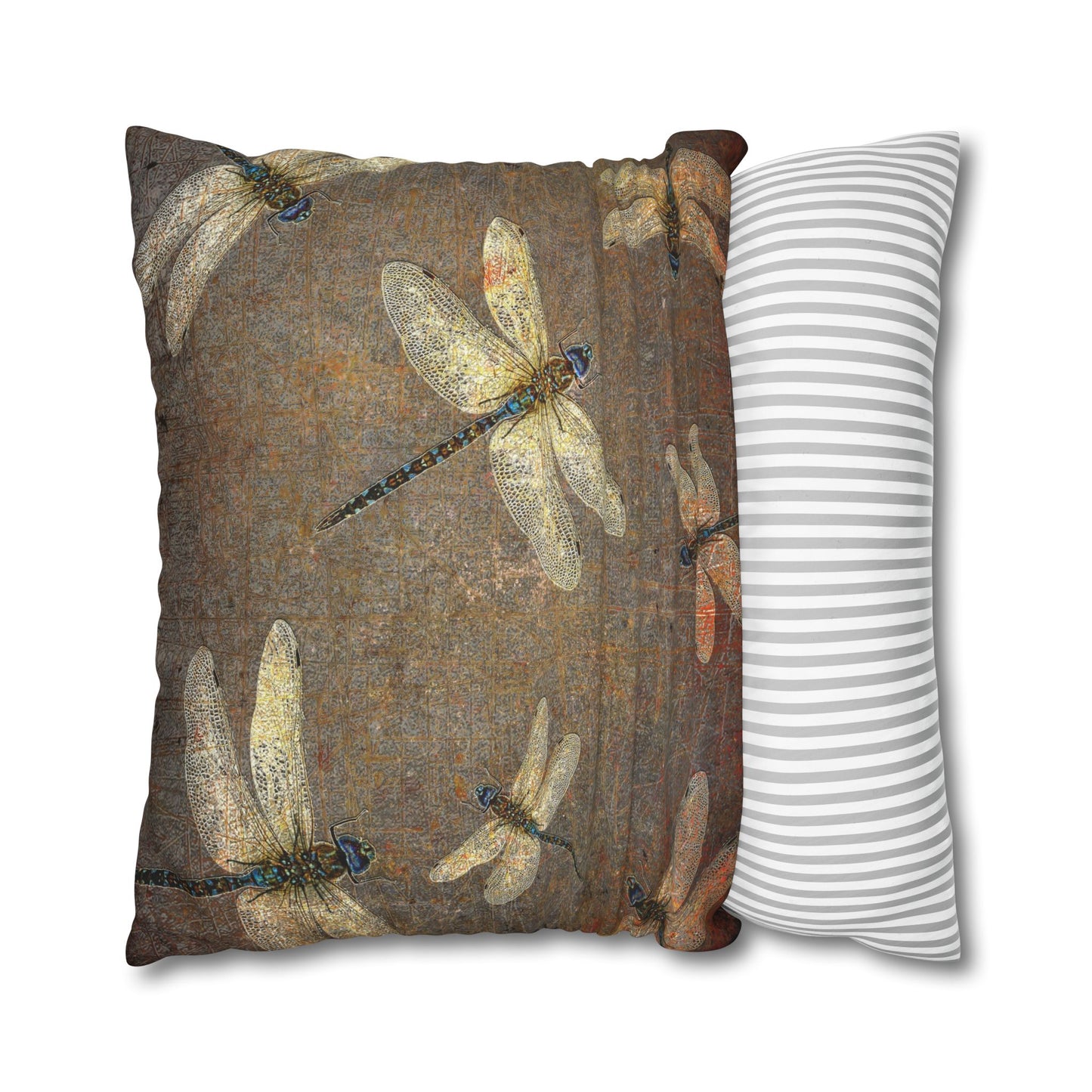 Dragonfly Themed Square Pillow Cover, Flight of Dragonflies on Distressed Background Print