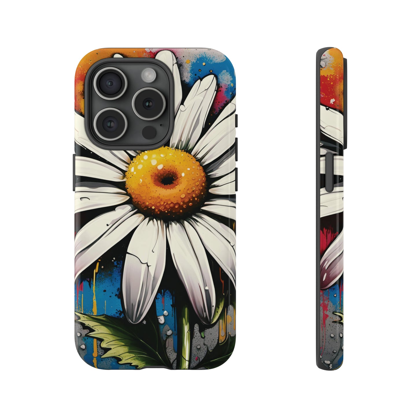 Street Style Daisy Flower Print Tough Case for iPhone 15 Pro front and side