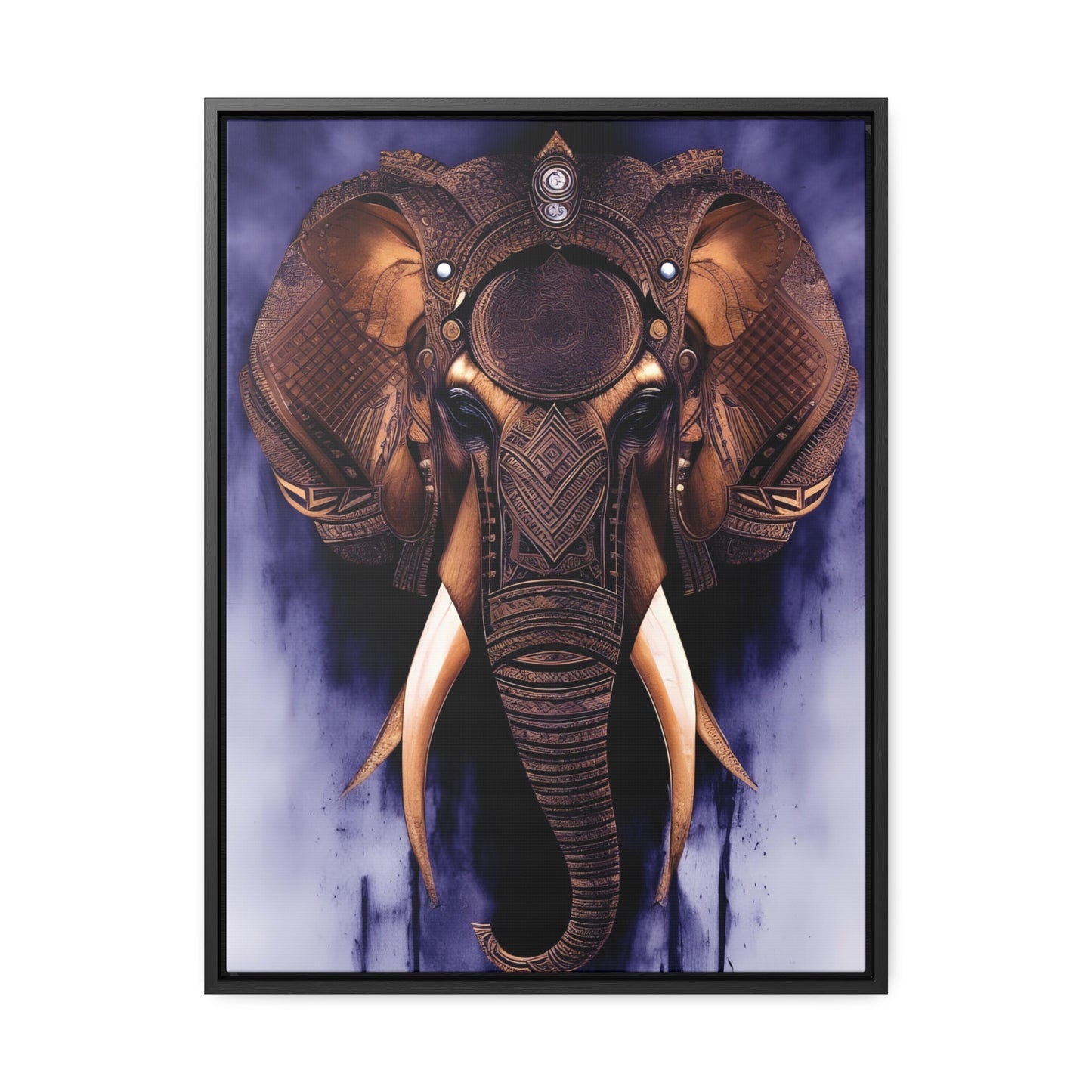 Elephant Themed Modern Wall Art - Tribal Elephant Head on Purple Background Print on Canvas in a Floating Frame