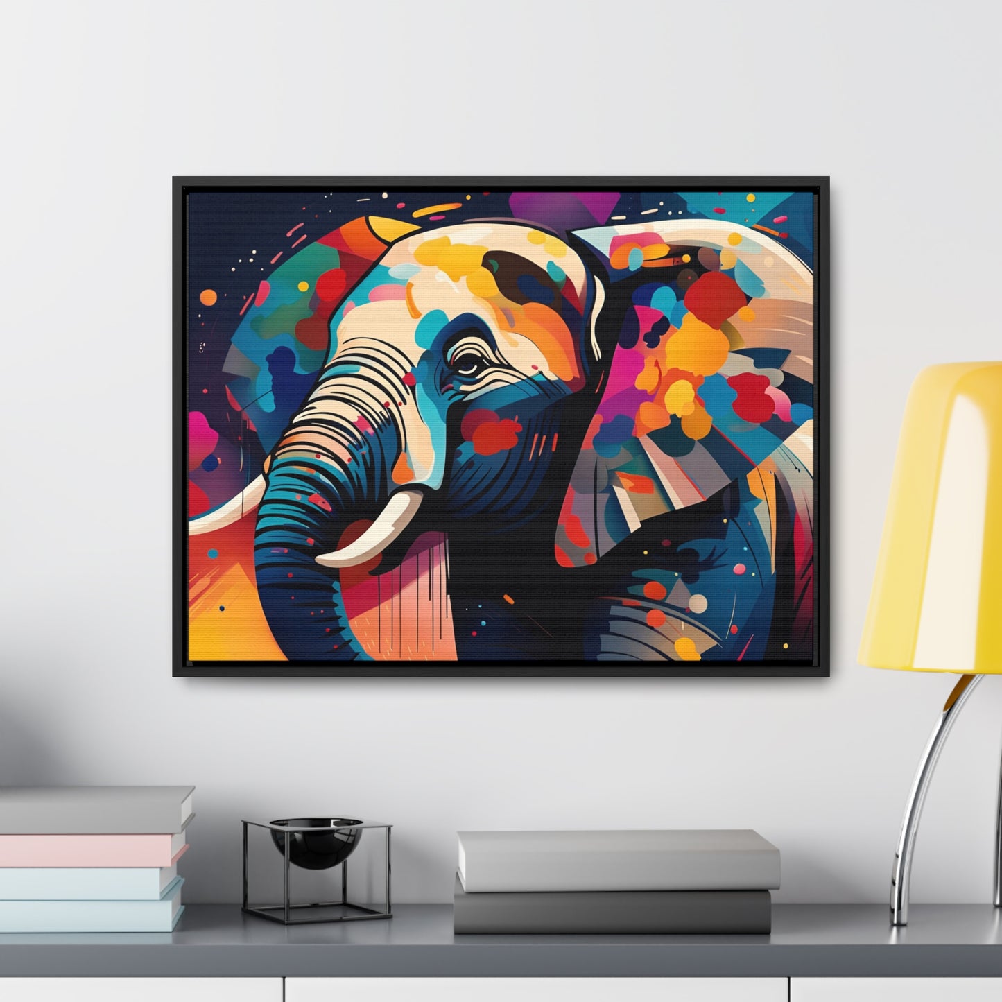 Multicolor Elephant Head Print on Canvas in a Floating Frame 24x18 hung on light wall