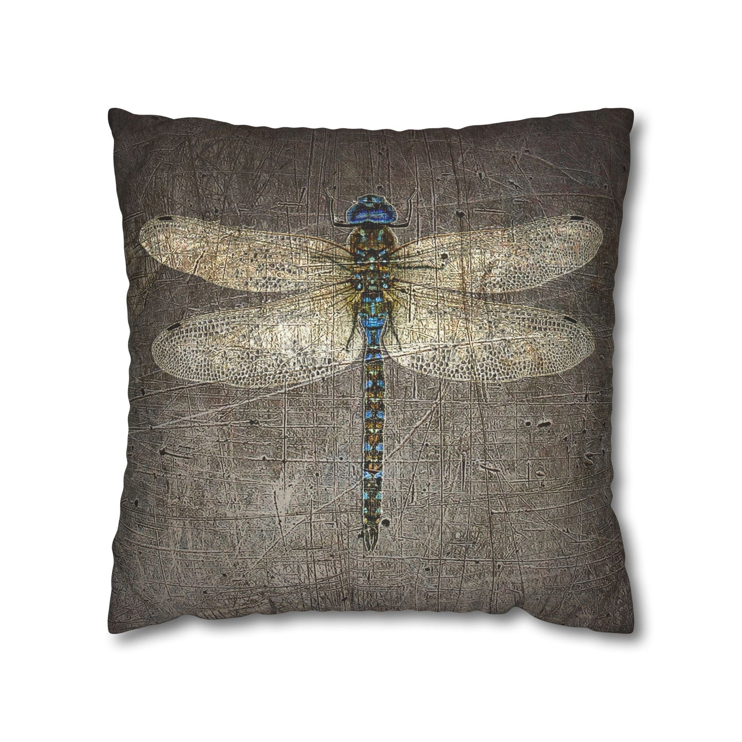 Dragonfly Themed Square Pillow Cover, Dragonflies on Distressed Stone Grey Print