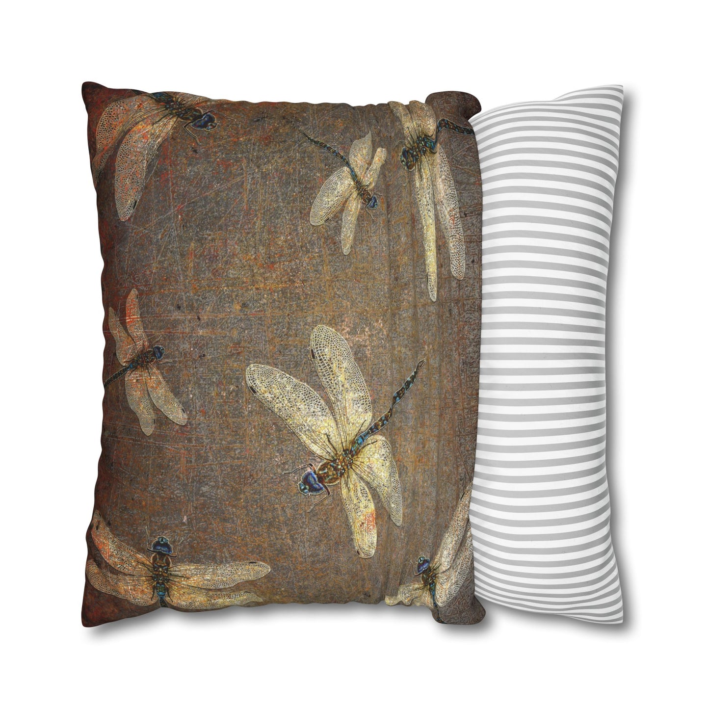 Dragonfly Themed Square Pillow Cover, Flight of Dragonflies on Distressed Background Print