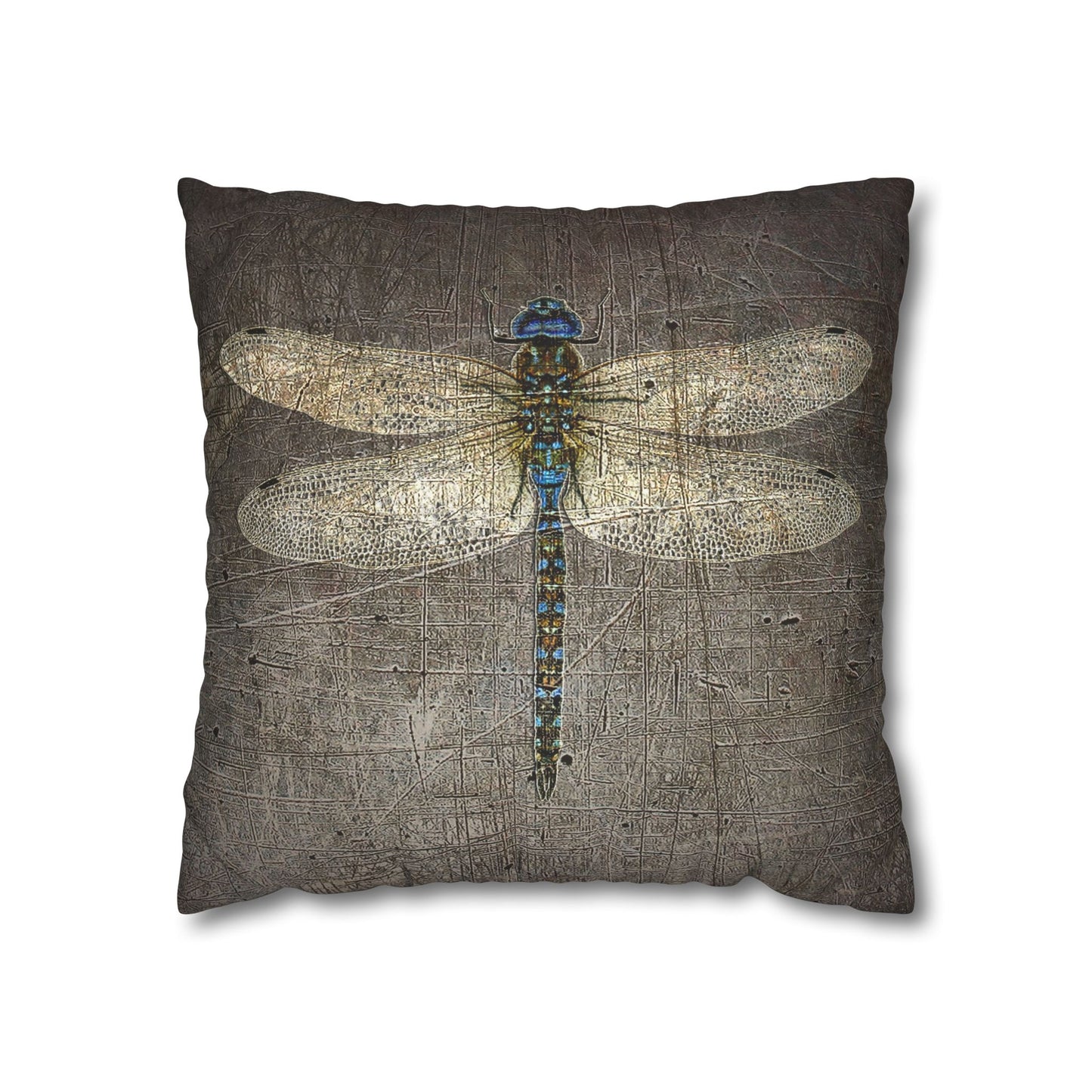 Dragonfly Themed Square Pillow Cover, Dragonflies on Distressed Stone Grey Print