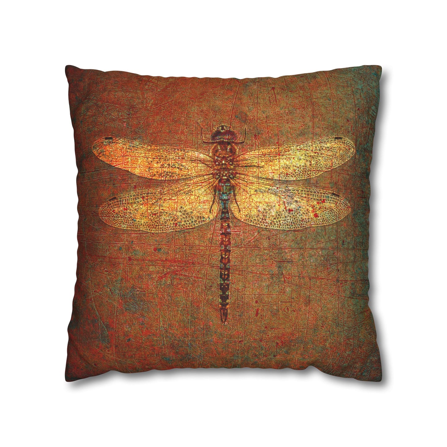 Dragonfly Themed Replacement Pillow Cover, Golden Dragonflies on Orange and Green Background Print