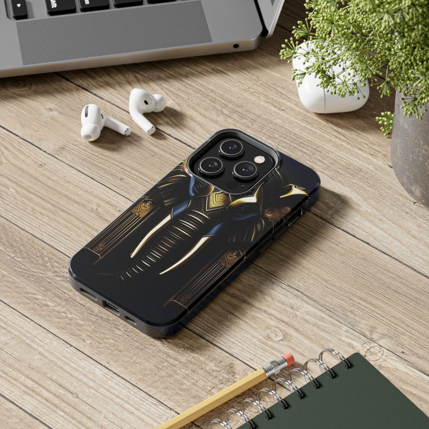 Art Deco Elephant Tough Phone Case for iPhone - Blue and Gold Elephant Head Art Deco Style Printed on Phone Case for iPhone 14
