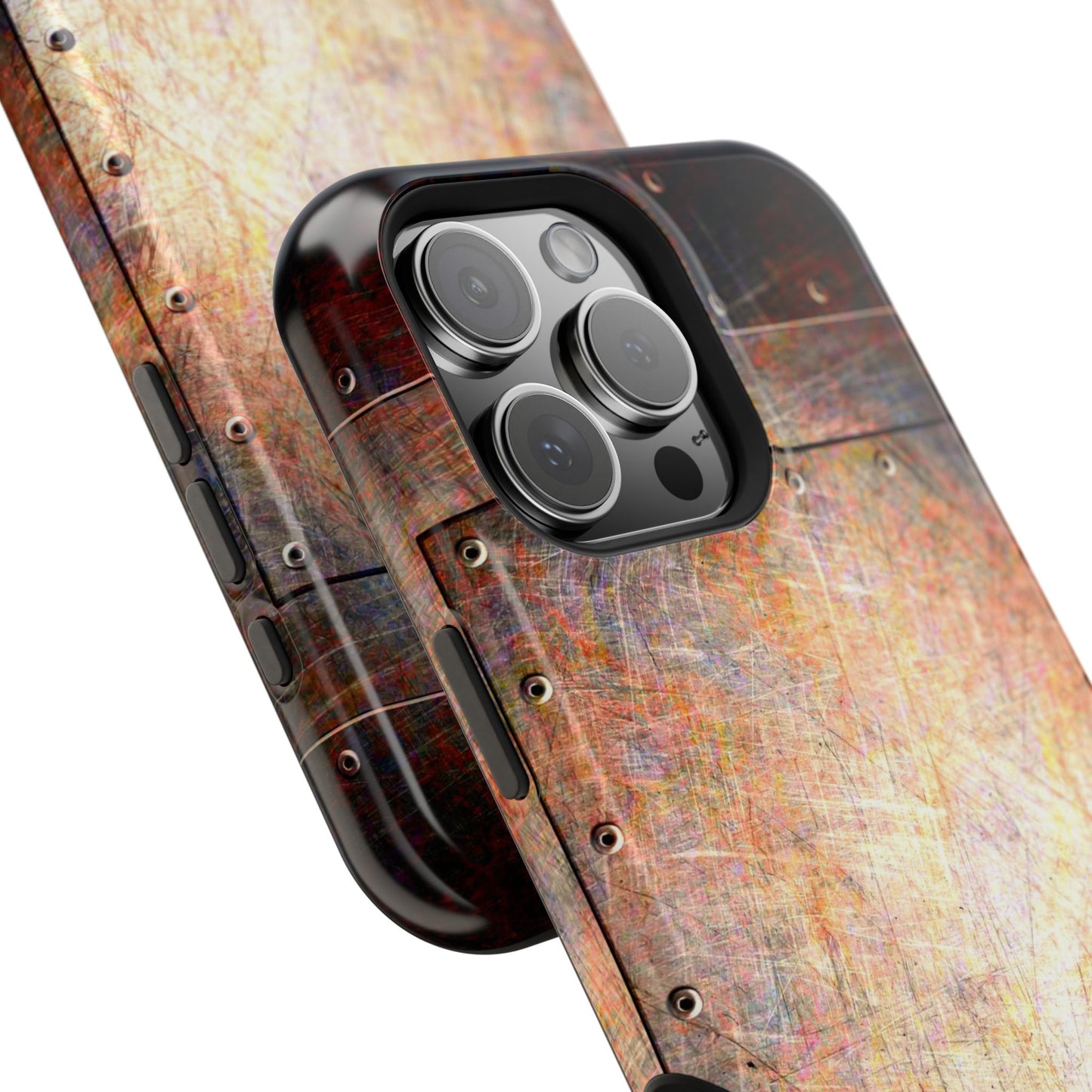 Magnetic Tough Cases for iPhone 16, Steampunk Themed Distressed Riveted Metal Plates Print on Phone Case for all models of iPhone 16