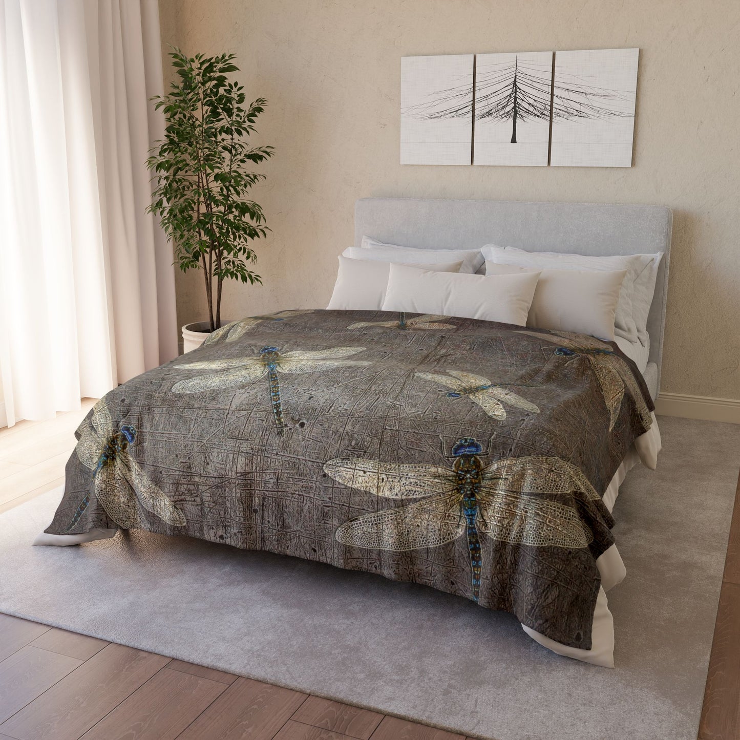 Dragonfly Minky Blanket: Flight of Dragonflies on Distressed Gray Stone Background