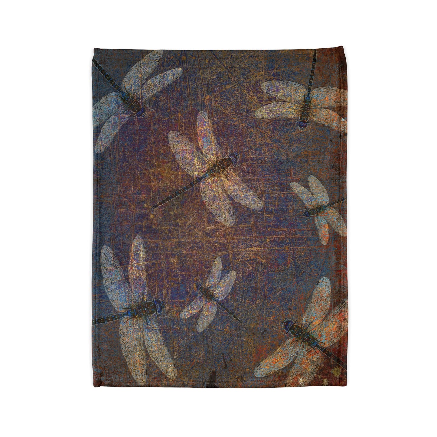 Super soft Dragonfly Minky Blanket: Flight of Dragonflies on Distressed Purple and Orange Background