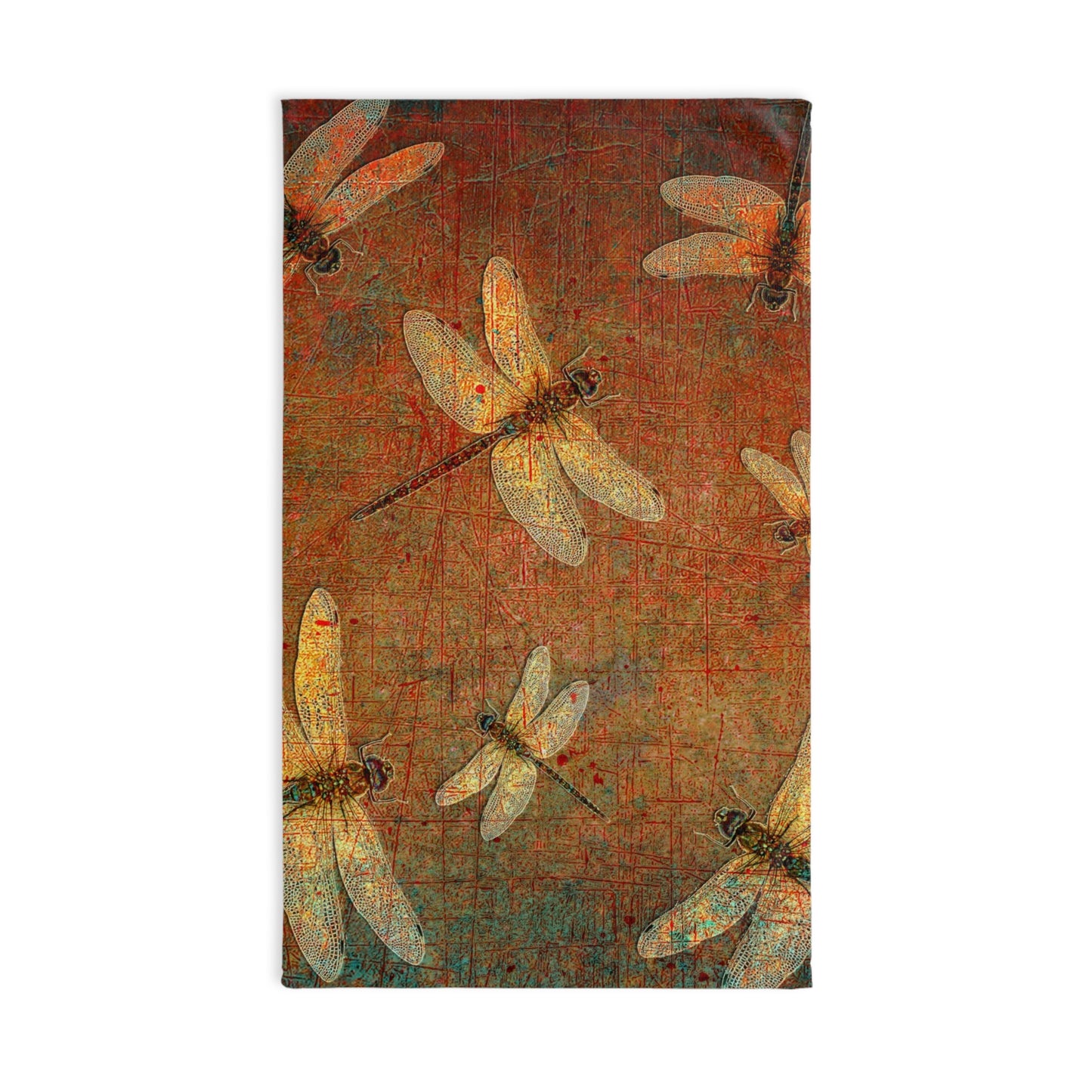 Golden Dragonflies on Orange and Green Background Print on Hand Towel