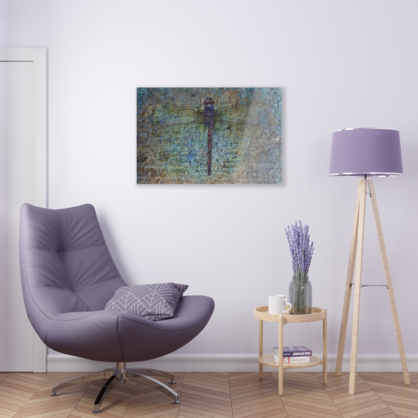 Dragonfly Themed Plexiglass Wall Art - Dragonfly on Distressed Multicolor Brick Wall Printed on a Crystal Clear Acrylic Panel