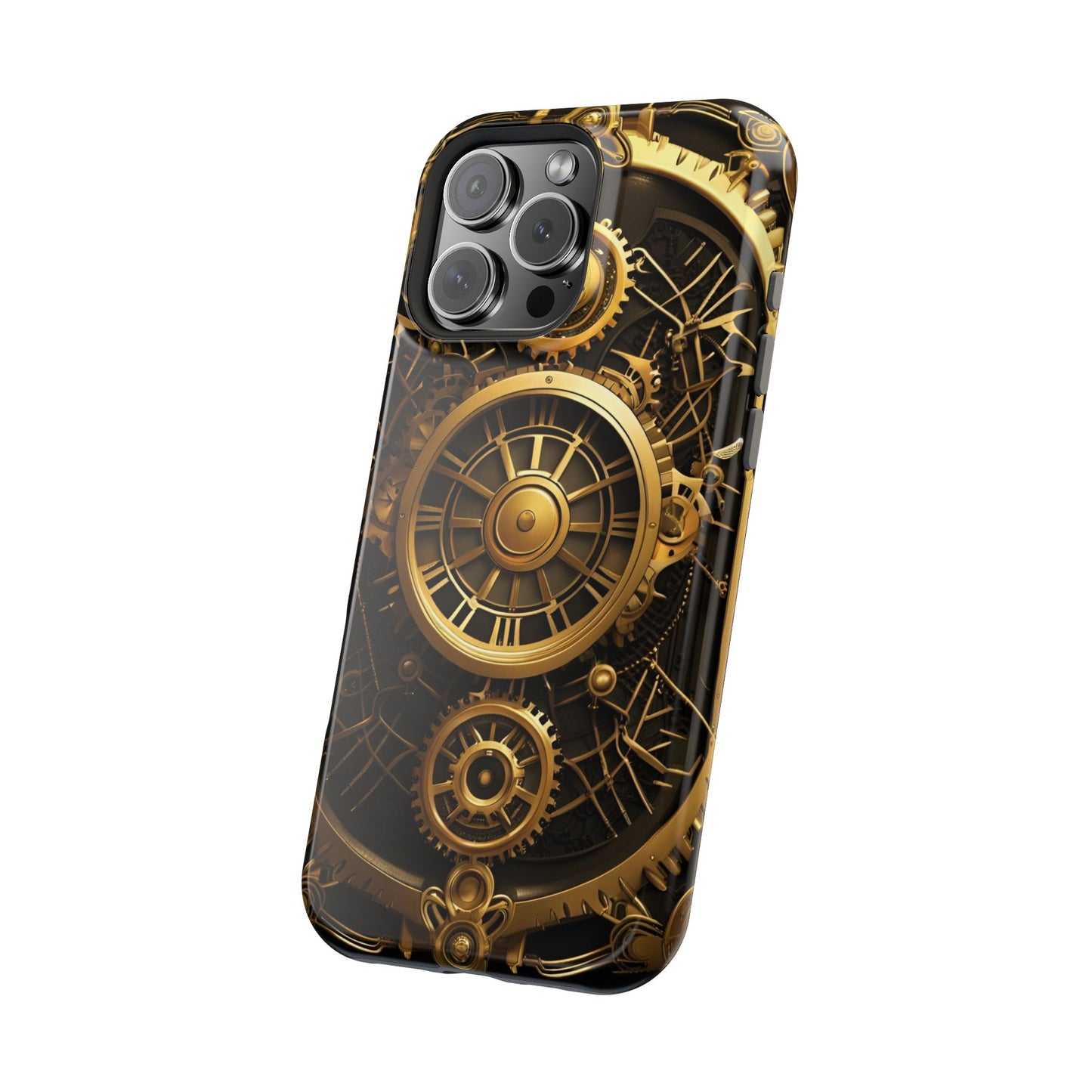 Magnetic Tough Cases for iPhone 16, Art Deco Themed Steampunk Gold and Copper Gears Panel Printed on Phone Case for iPhone 16