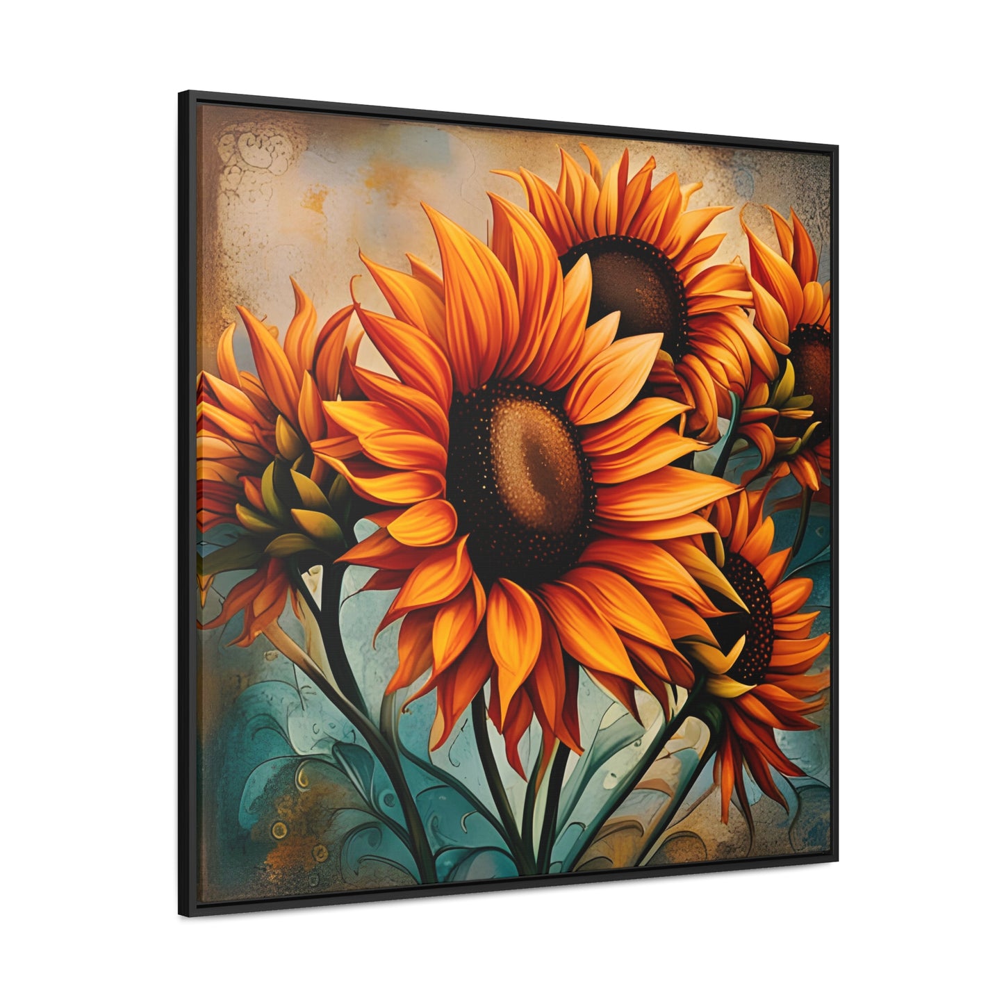 Sunflower Lovers Delight - Sunflower Crop on Distressed Blue and Copper Background Printed on Canvas in a Floating Frame