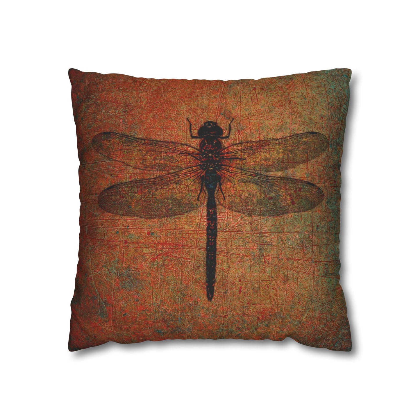 Dragonfly Themed Square Pillow Cover, Dragonfly on Distressed Brown Background Cover