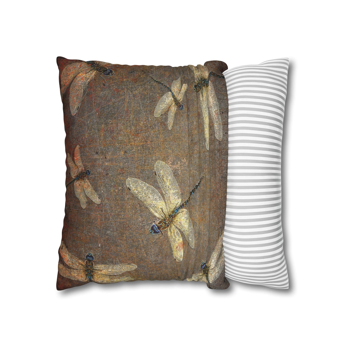 Dragonfly Themed Square Pillow Cover, Flight of Dragonflies on Distressed Background Print