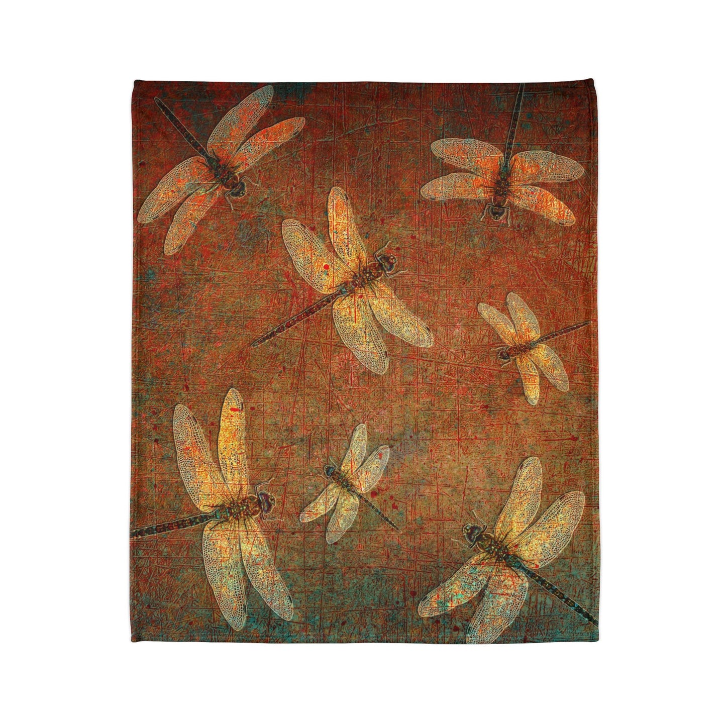 Dragonfly Minky Blanket: Flight of Dragonflies on Distressed Orange and Green Background