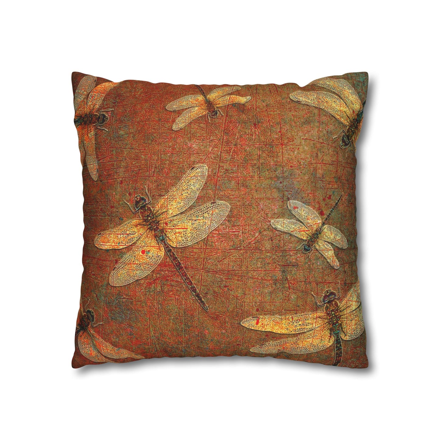 Dragonfly Themed Replacement Pillow Cover, Golden Dragonflies on Orange and Green Background Print