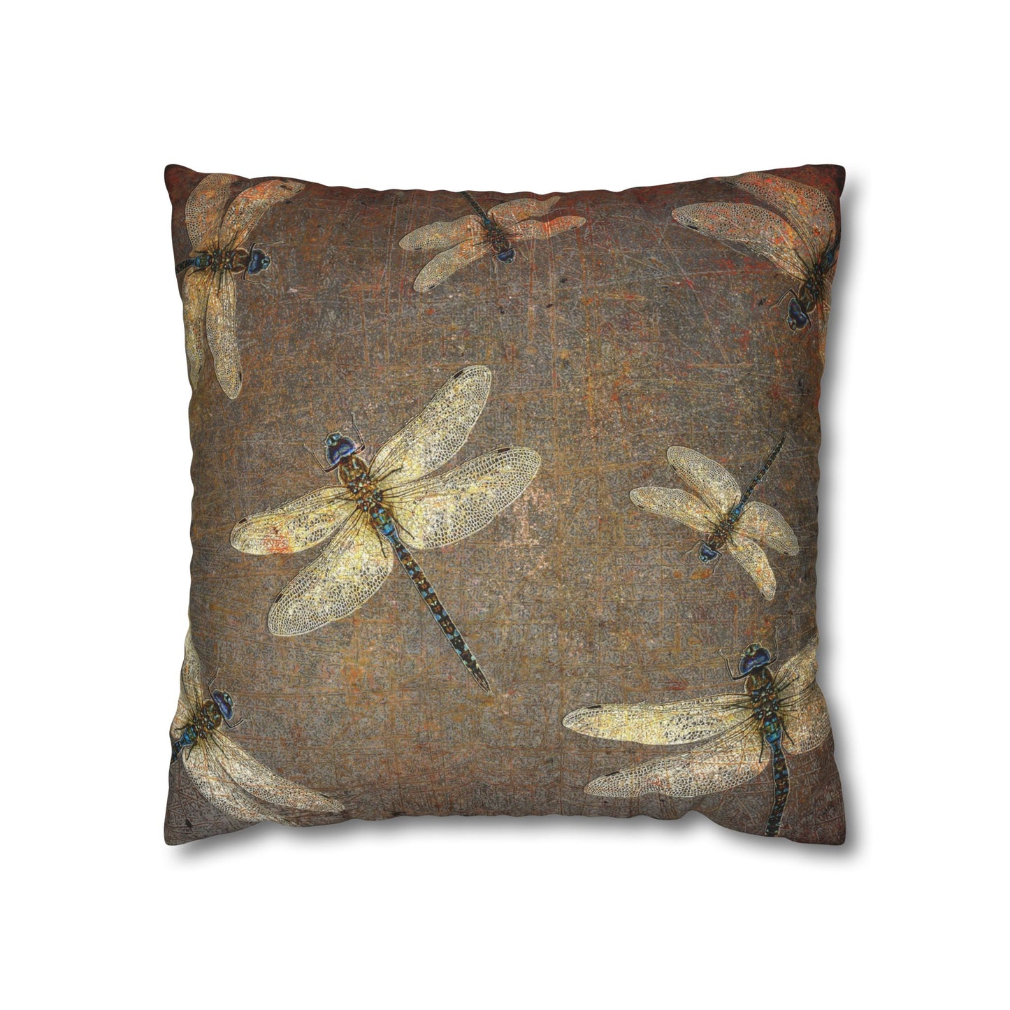 Dragonfly Themed Square Pillow Cover, Flight of Dragonflies on Distressed Background Print