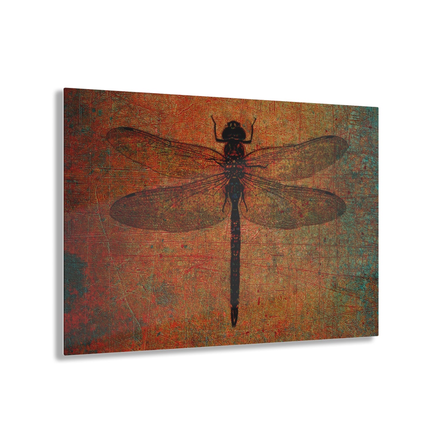 Dragonfly Themed Modern Wall Art - Dragonfly on Distressed Brown Stone Background on a Crystal Clear Acrylic Panel