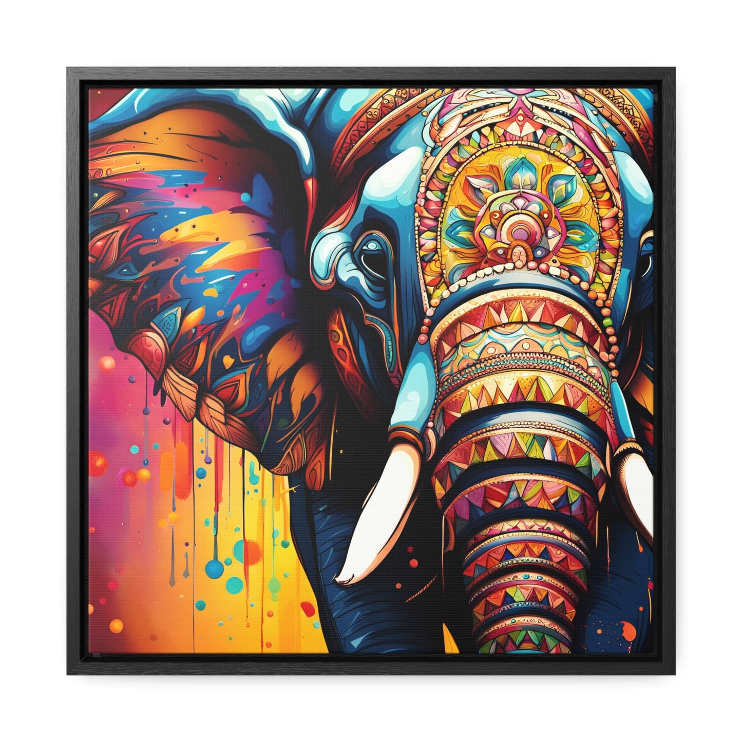 Elephant themed Wall Art Print - Stunning Multicolor Elephant Head Print on Canvas in a Floating Frame