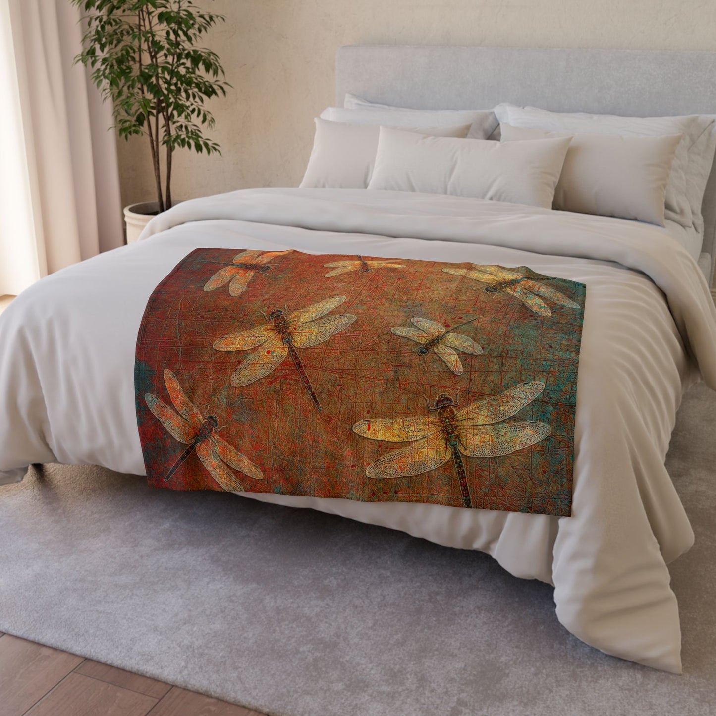 Dragonfly Minky Blanket: Flight of Dragonflies on Distressed Orange and Green Background
