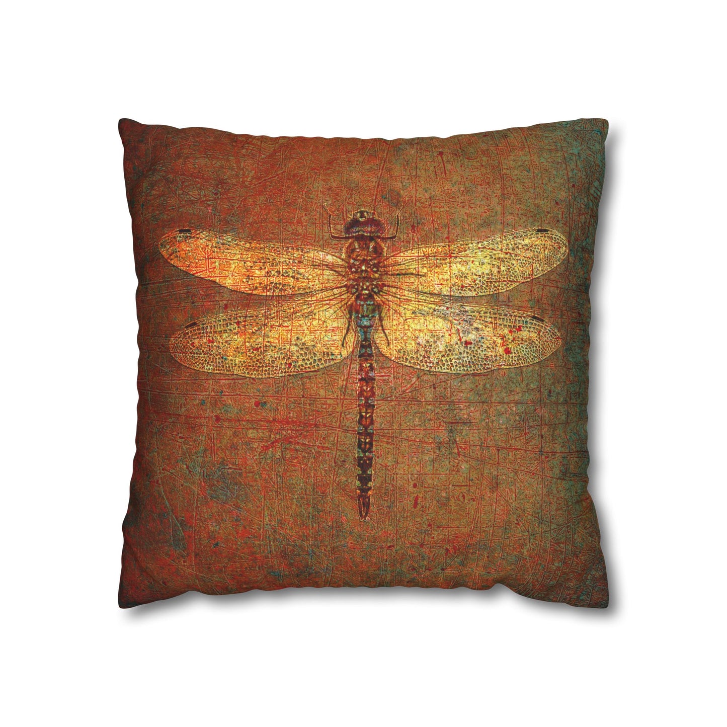 Dragonfly Themed Replacement Pillow Cover, Golden Dragonflies on Orange and Green Background Print