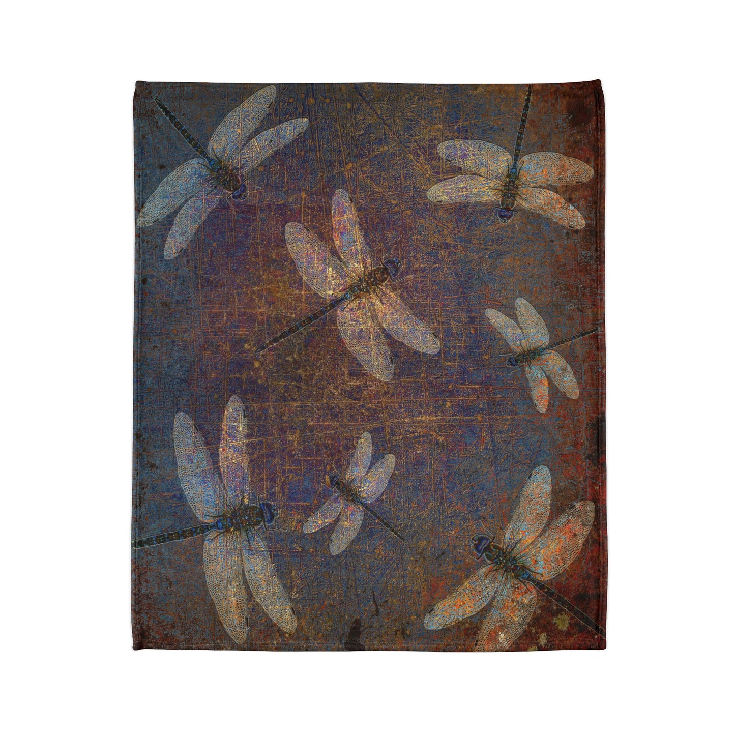 Super soft Dragonfly Minky Blanket: Flight of Dragonflies on Distressed Purple and Orange Background