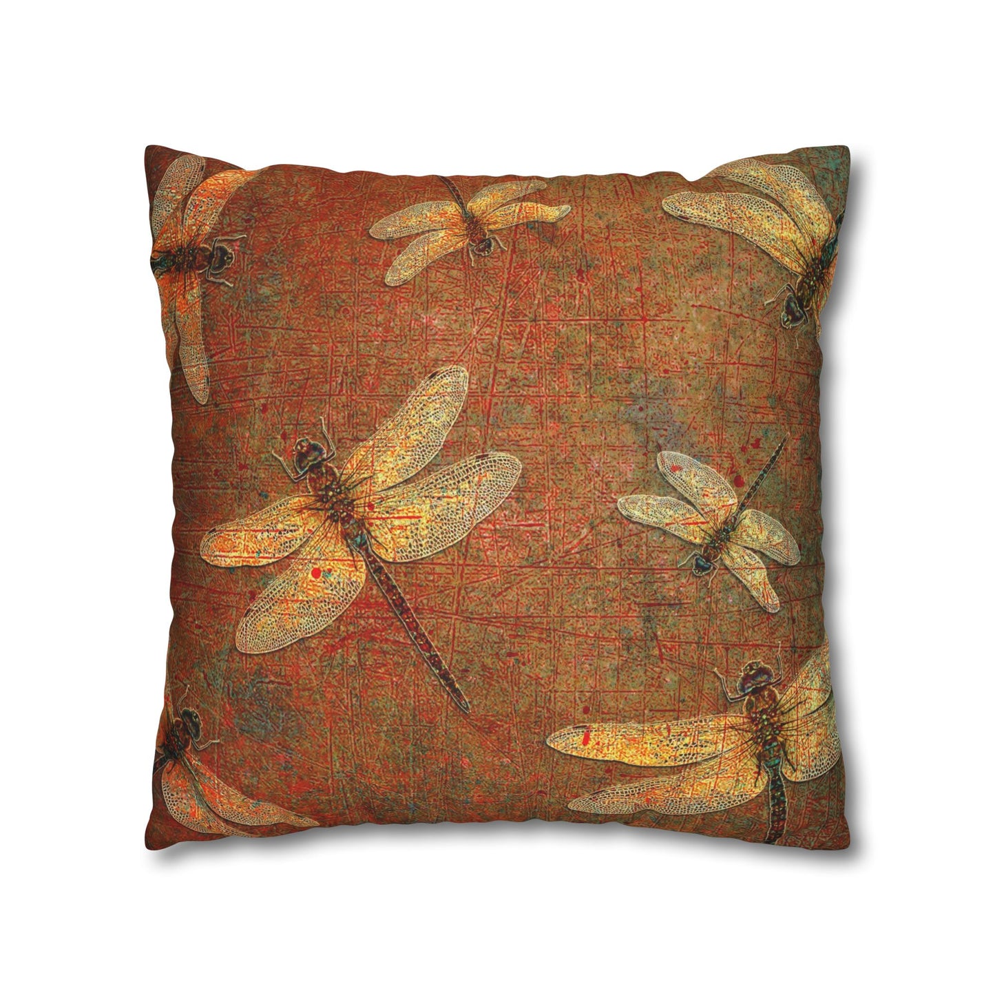 Dragonfly Themed Replacement Pillow Cover, Golden Dragonflies on Orange and Green Background Print