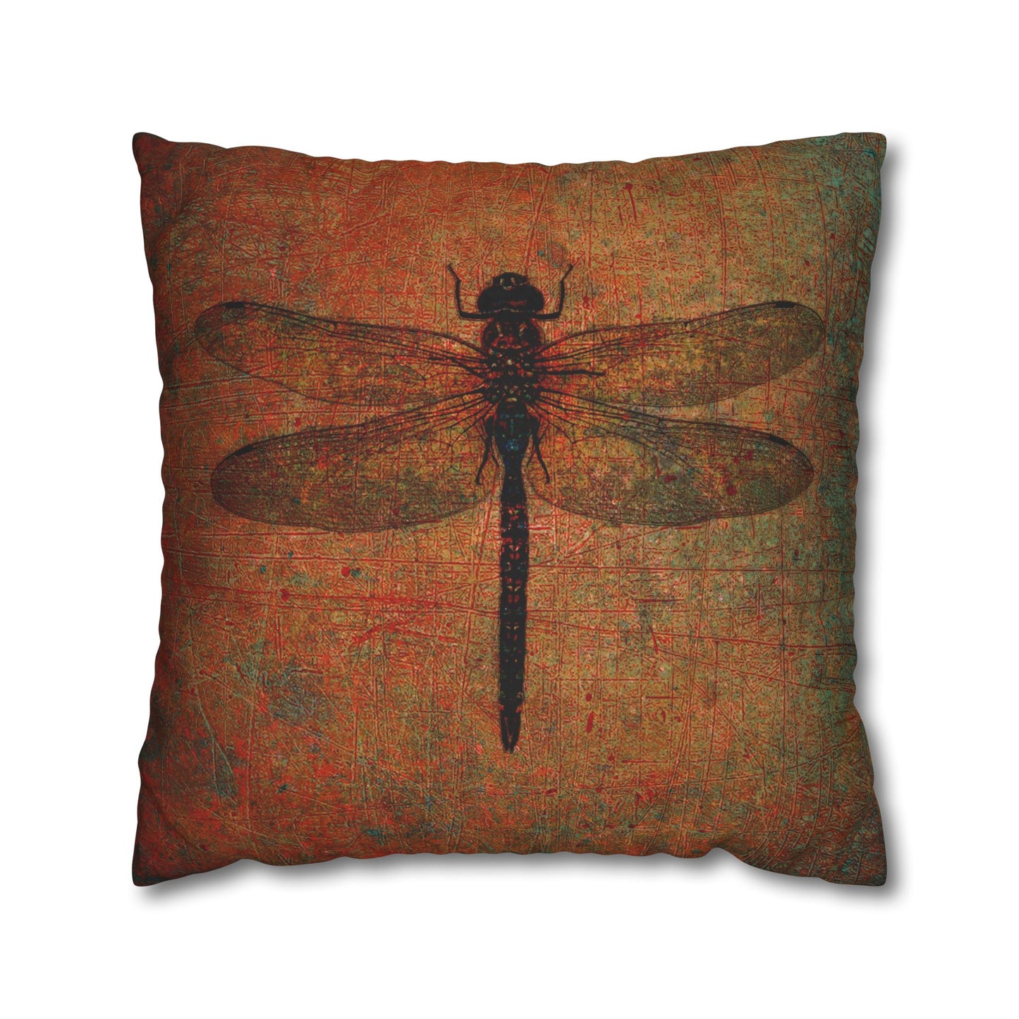 Dragonfly Themed Square Pillow Cover, Dragonfly on Distressed Brown Background Cover
