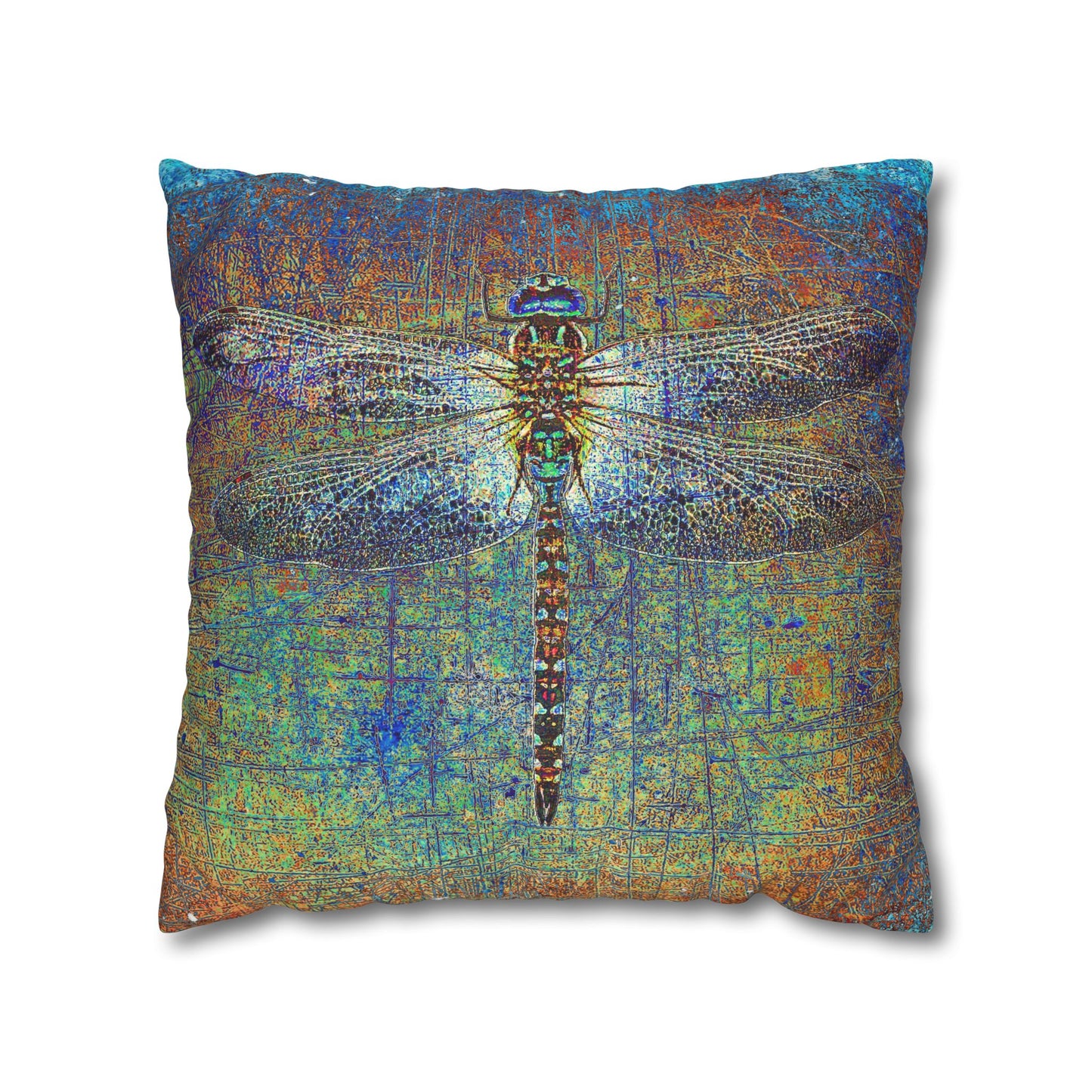 Dragonfly Print Square Pillow Cover, Dragonfly on Multicolor Background Replacement Cover