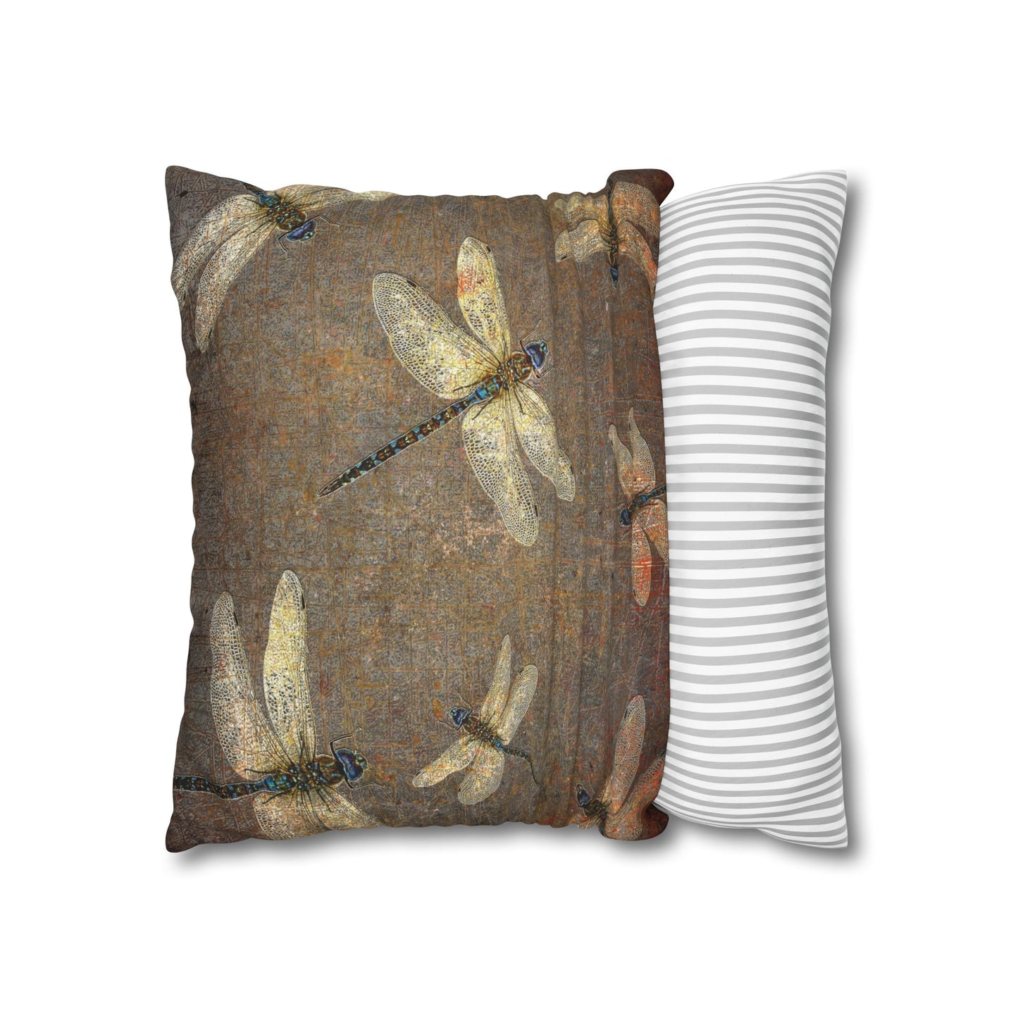 Dragonfly Themed Square Pillow Cover, Flight of Dragonflies on Distressed Background Print