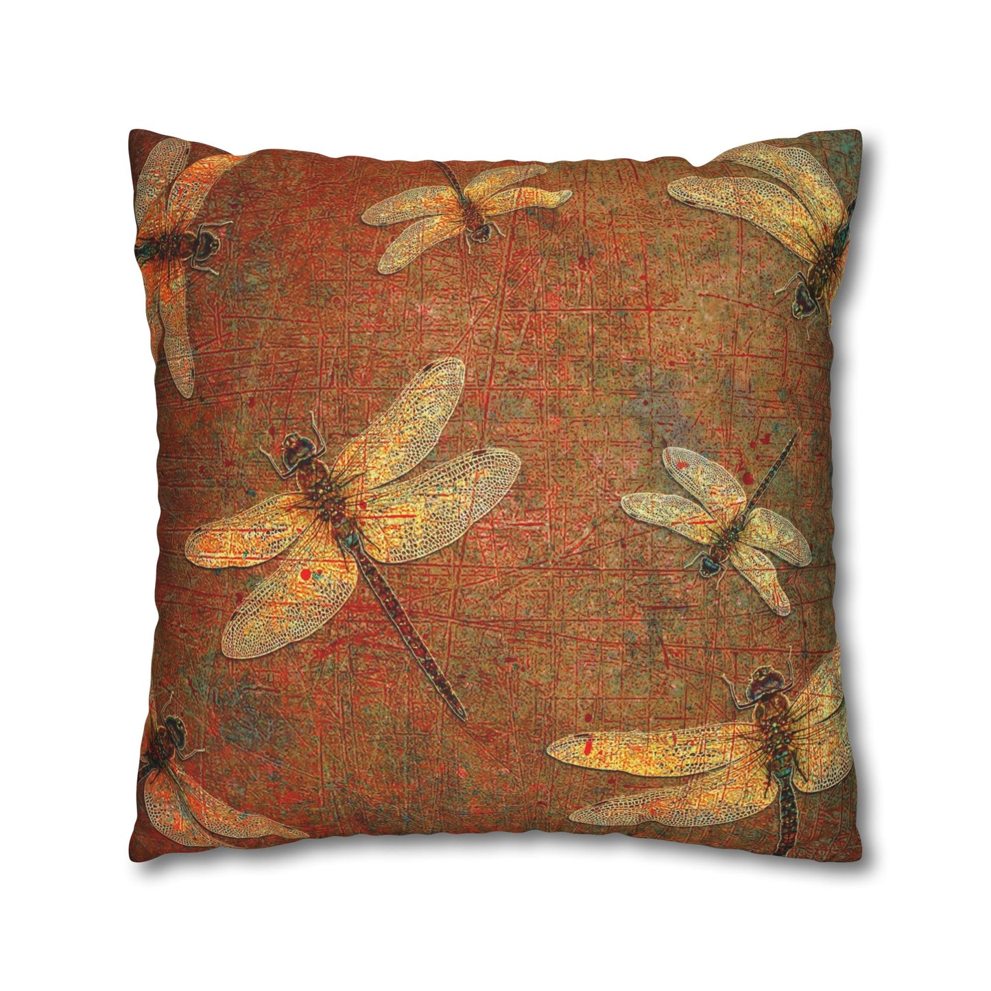 Dragonfly Themed Replacement Pillow Cover, Golden Dragonflies on Orange and Green Background Print