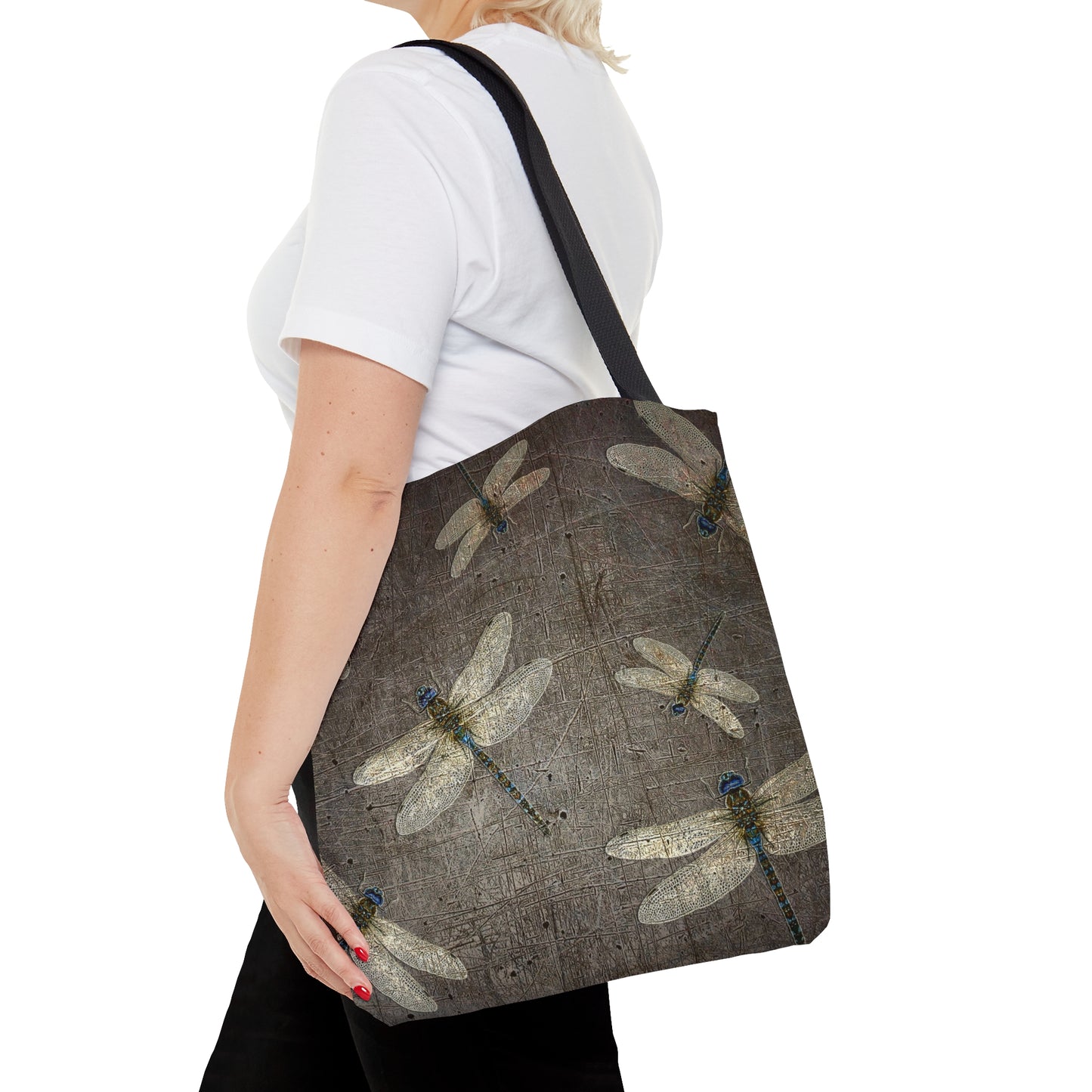 Flight of Dragonflies on Distressed Gray Stone Printed on Tote Bag medium carried