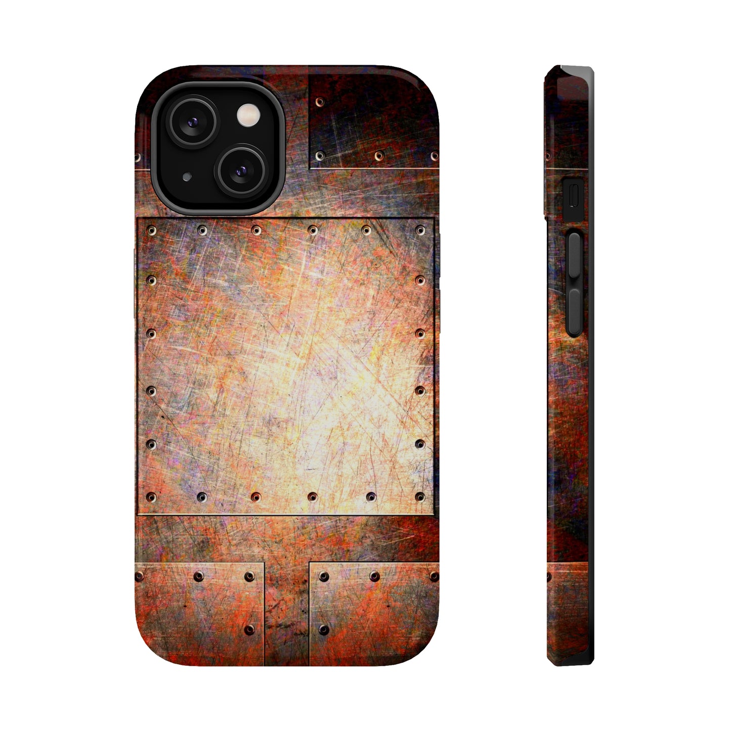 Steampunk Themed Mag Safe Tough Cases for iPhones 13 and 14 - Distressed Riveted Metal Plates Print