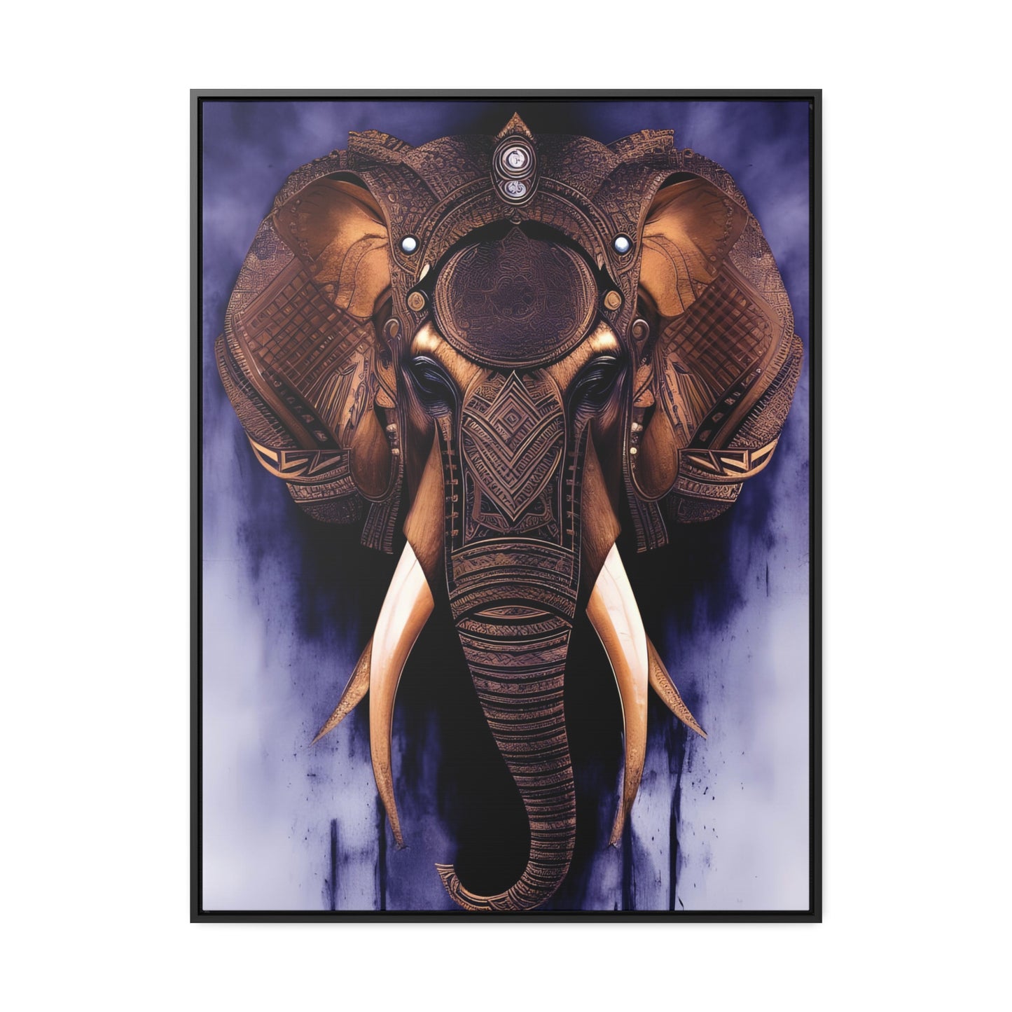 Elephant Themed Modern Wall Art - Tribal Elephant Head on Purple Background Print on Canvas in a Floating Frame