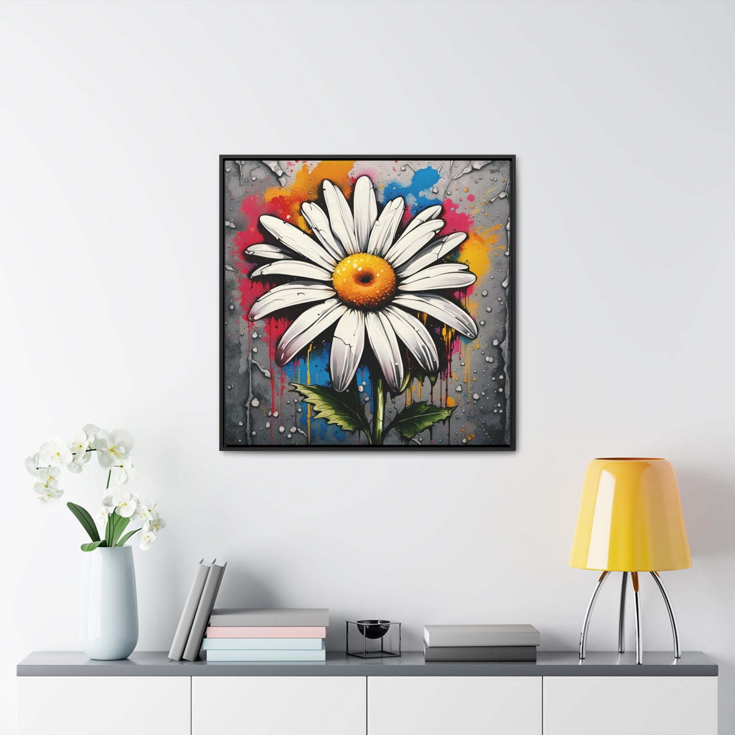 Floral themed Wall Art Print - Street Art Style Graffiti Daisy Printed on Canvas in a Floating Frame 30x30