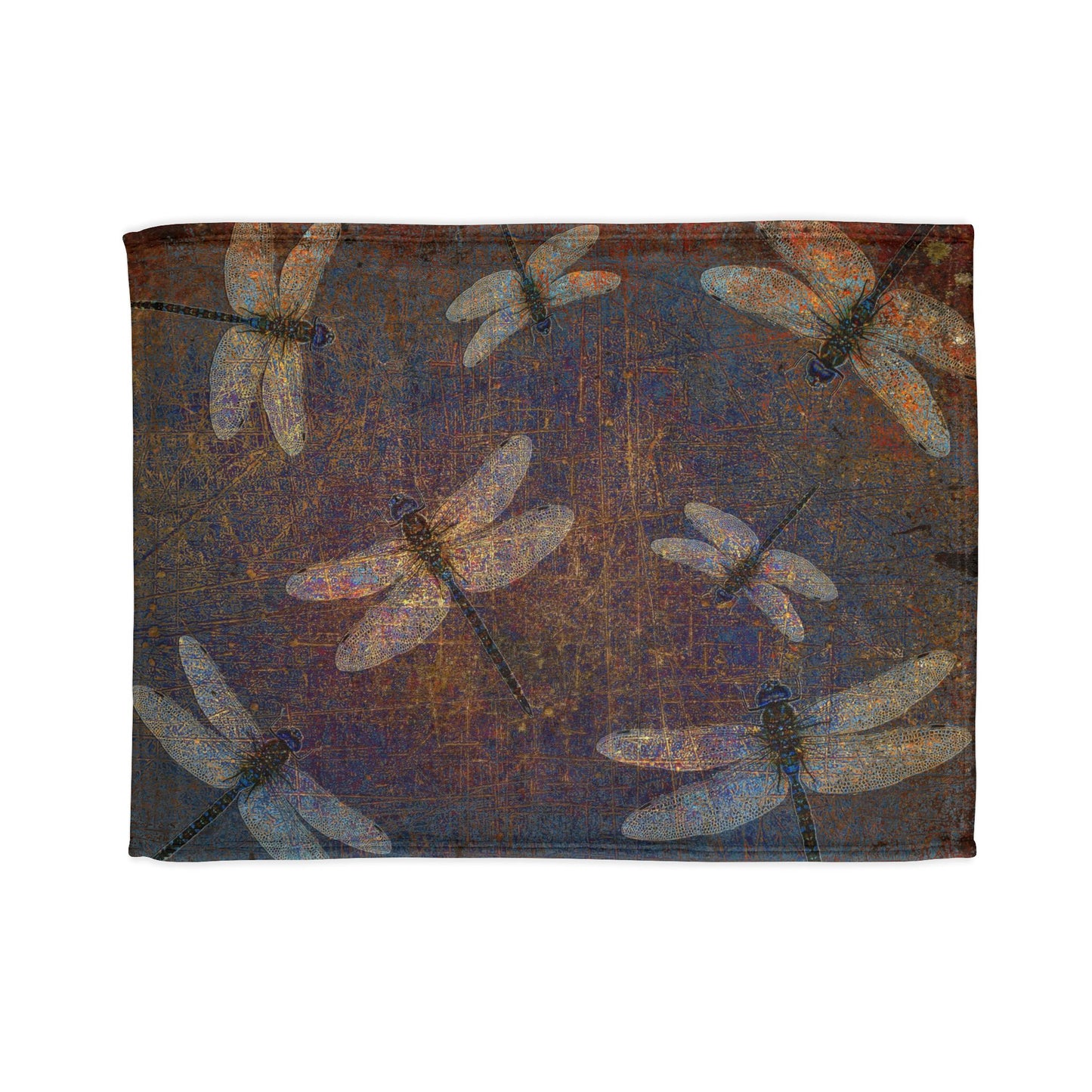 Super soft Dragonfly Minky Blanket: Flight of Dragonflies on Distressed Purple and Orange Background