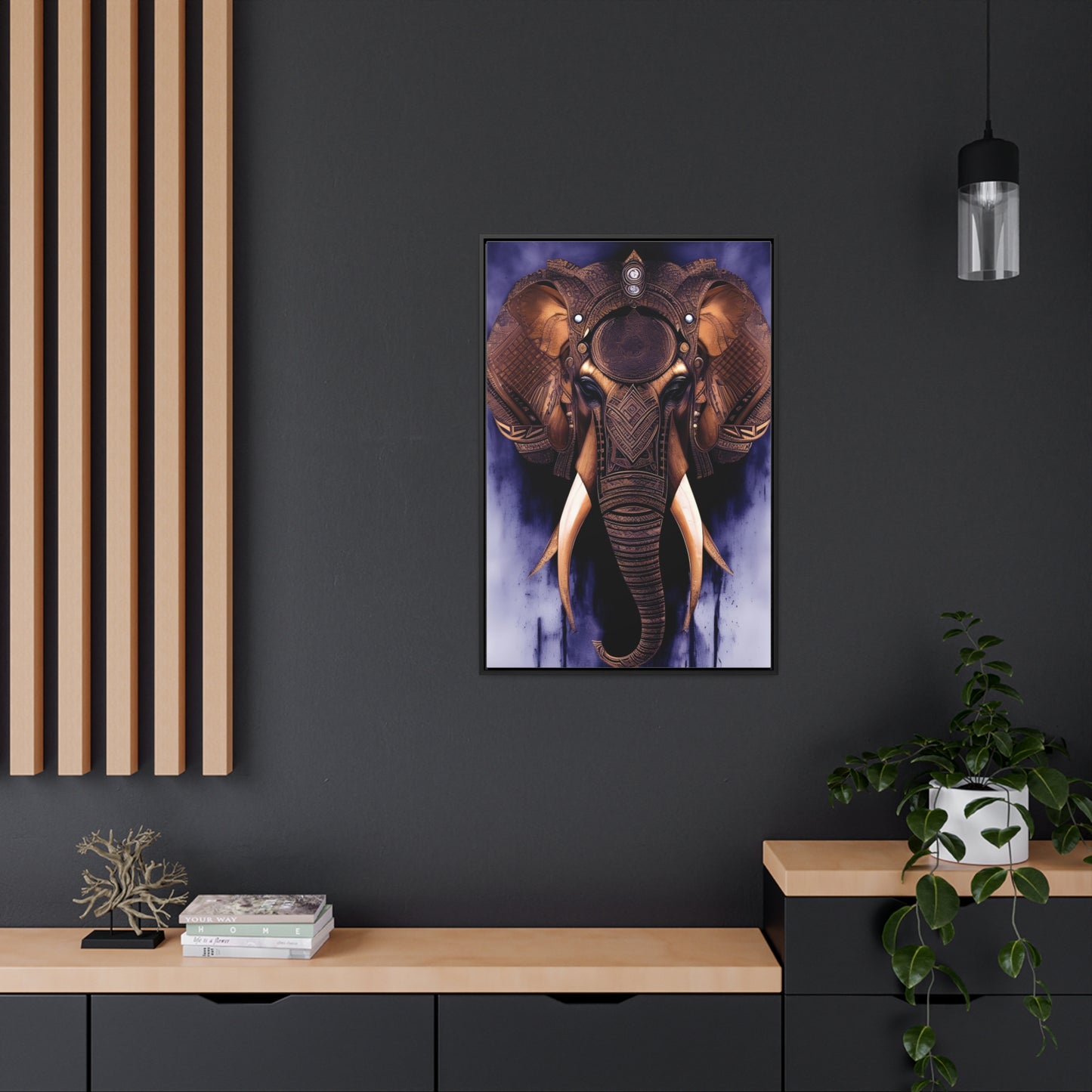 Elephant Themed Modern Wall Art - Tribal Elephant Head on Purple Background Print on Canvas in a Floating Frame