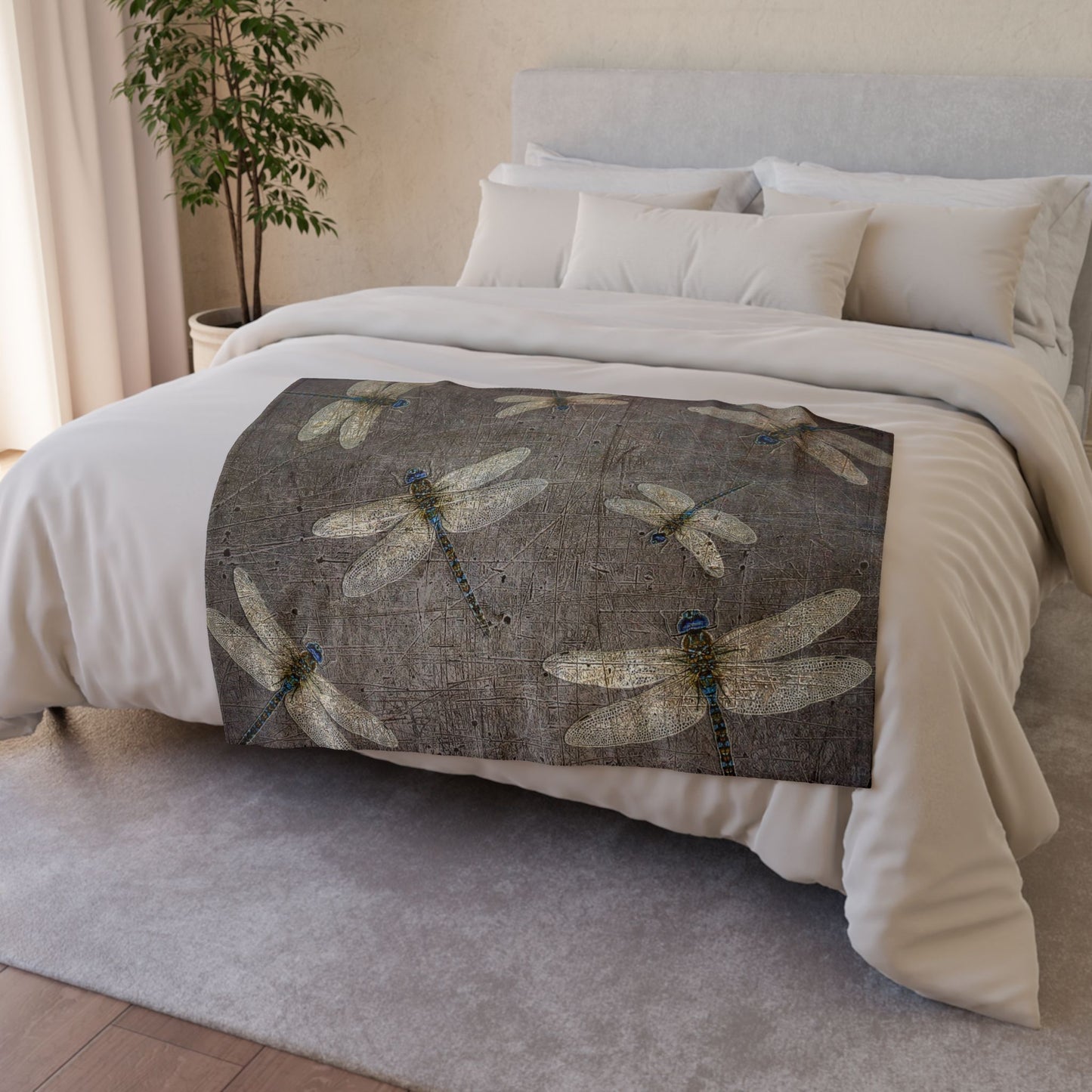 Dragonfly Minky Blanket: Flight of Dragonflies on Distressed Gray Stone Background