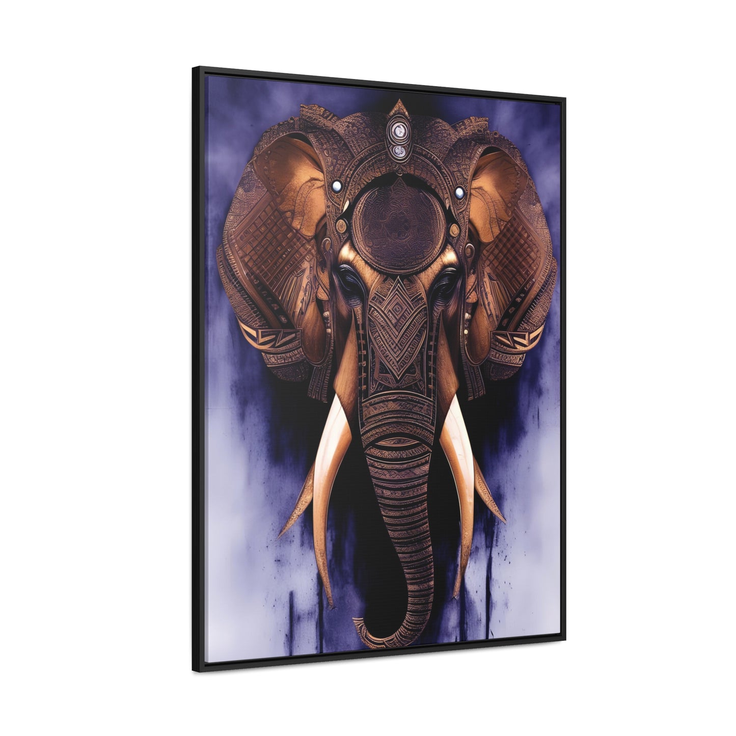 Elephant Themed Modern Wall Art - Tribal Elephant Head on Purple Background Print on Canvas in a Floating Frame