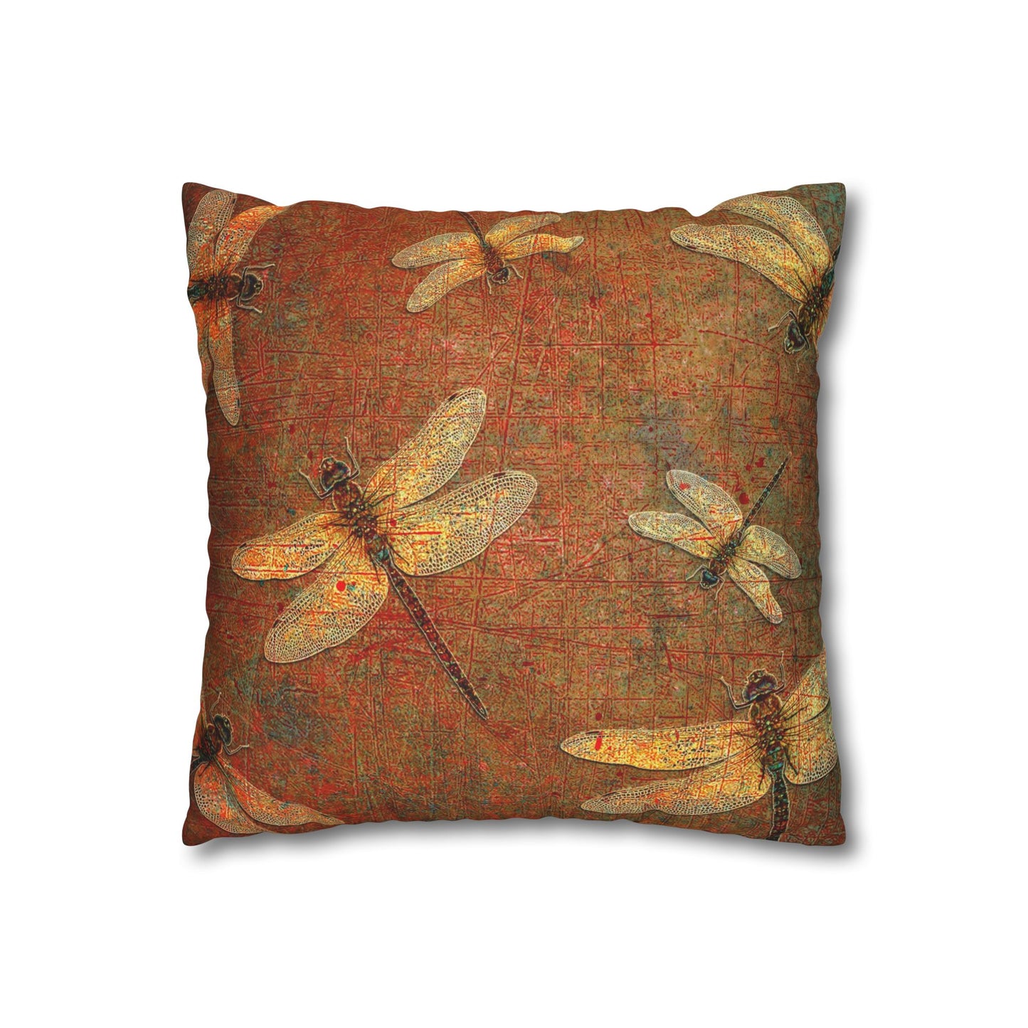 Dragonfly Themed Replacement Pillow Cover, Golden Dragonflies on Orange and Green Background Print