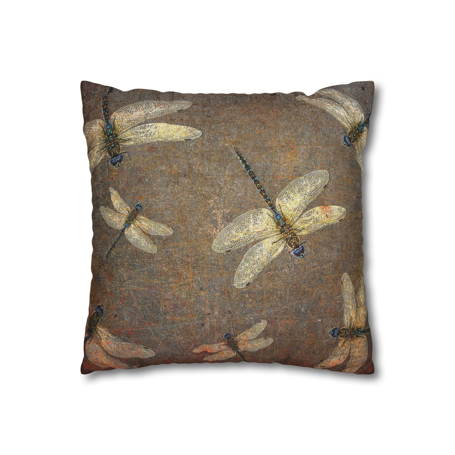 Dragonfly Themed Square Pillow Cover, Flight of Dragonflies on Distressed Background Print