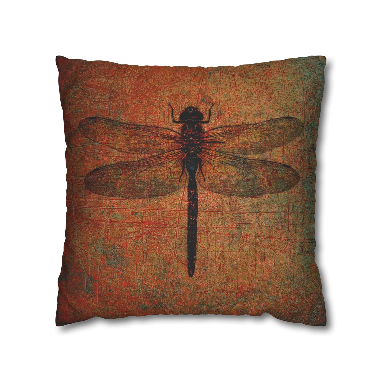 Dragonfly Themed Square Pillow Cover, Dragonfly on Distressed Brown Background Cover