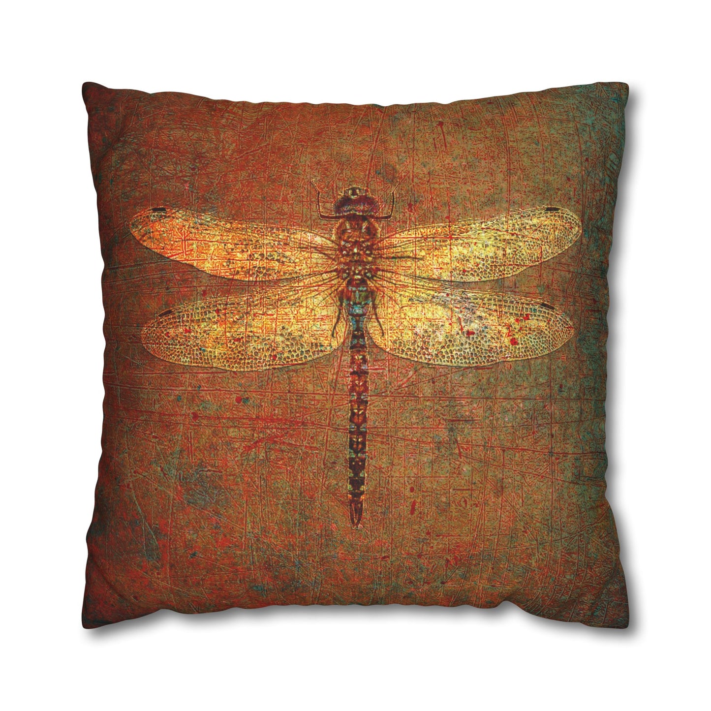 Dragonfly Themed Replacement Pillow Cover, Golden Dragonflies on Orange and Green Background Print