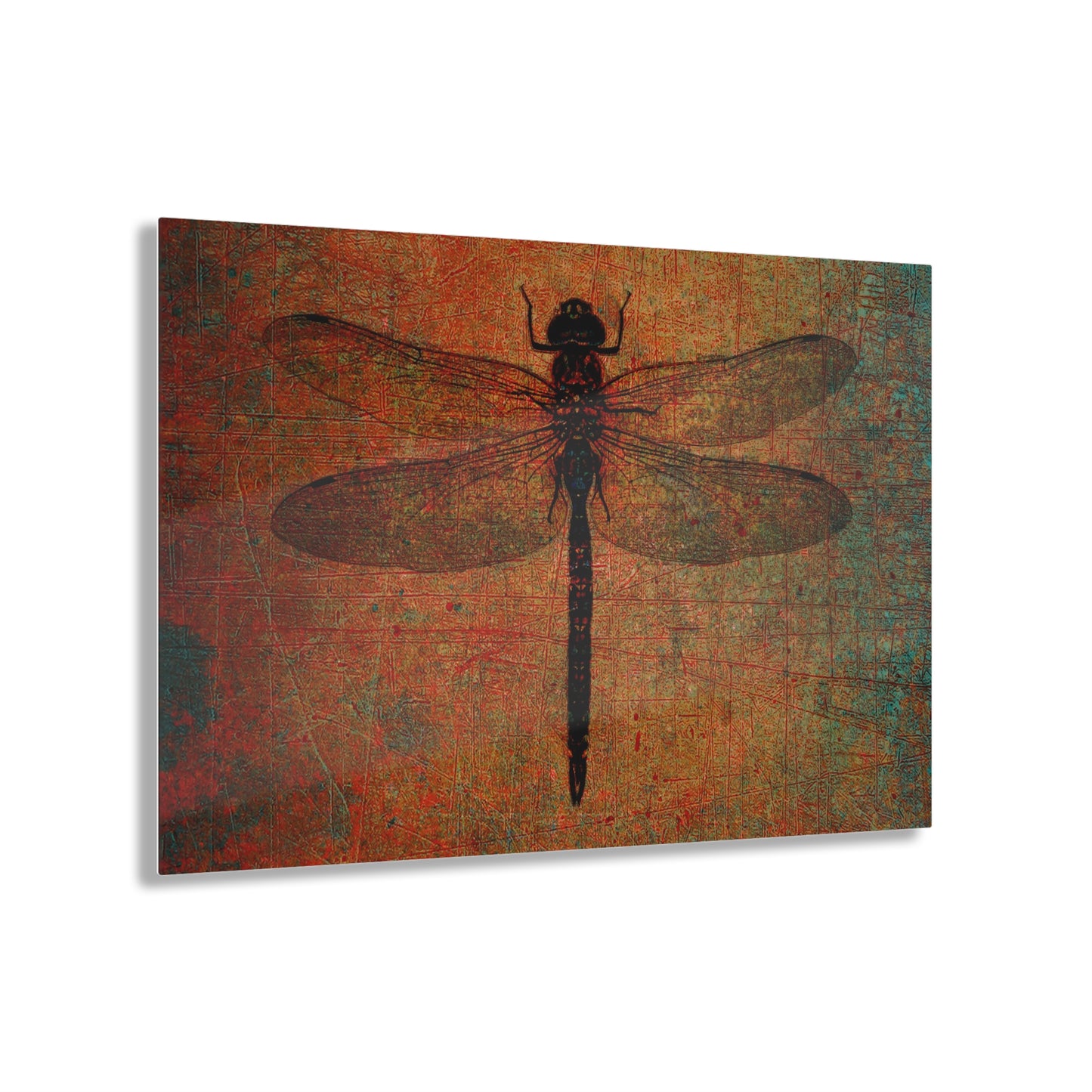 Dragonfly on Distressed Brown Stone Background on a Crystal Clear Acrylic Panel 36x24