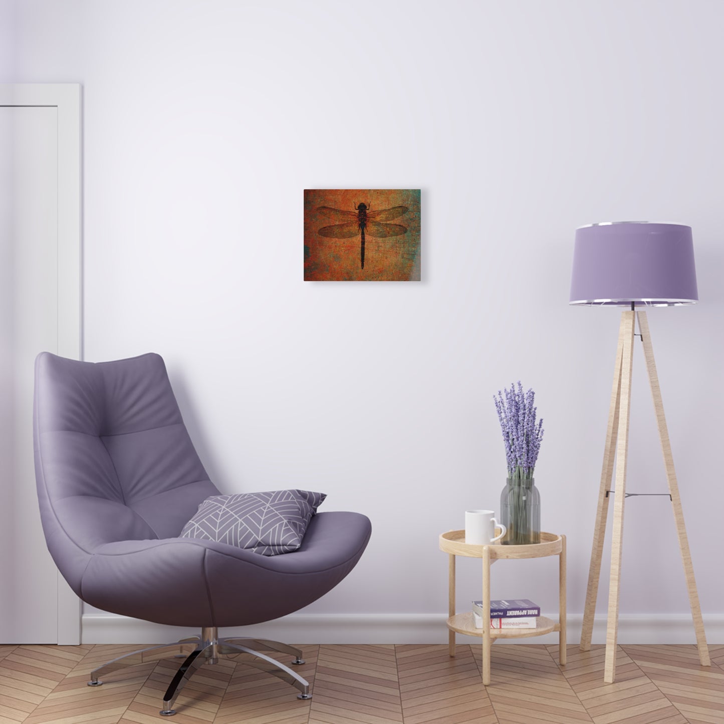 Dragonfly on Distressed Brown Stone Background on a Crystal Clear Acrylic Panel 11x11 hung on light wall