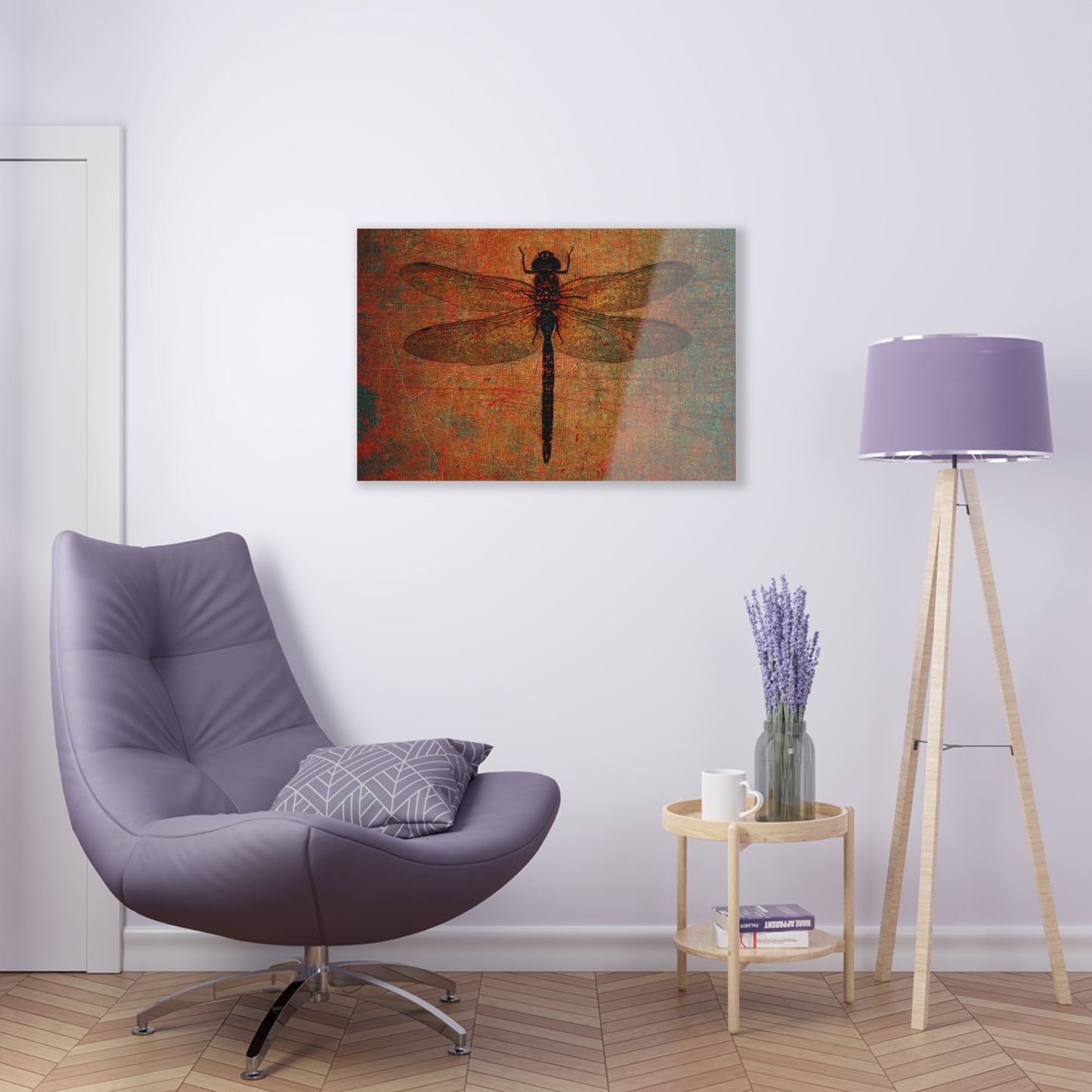 Dragonfly Themed Modern Wall Art - Dragonfly on Distressed Brown Stone Background on a Crystal Clear Acrylic Panel