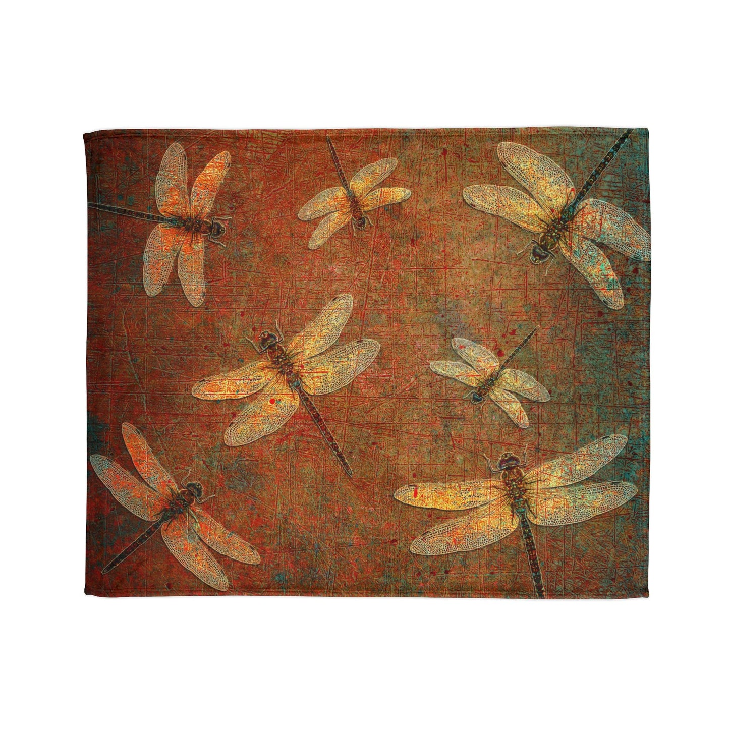 Dragonfly Minky Blanket: Flight of Dragonflies on Distressed Orange and Green Background