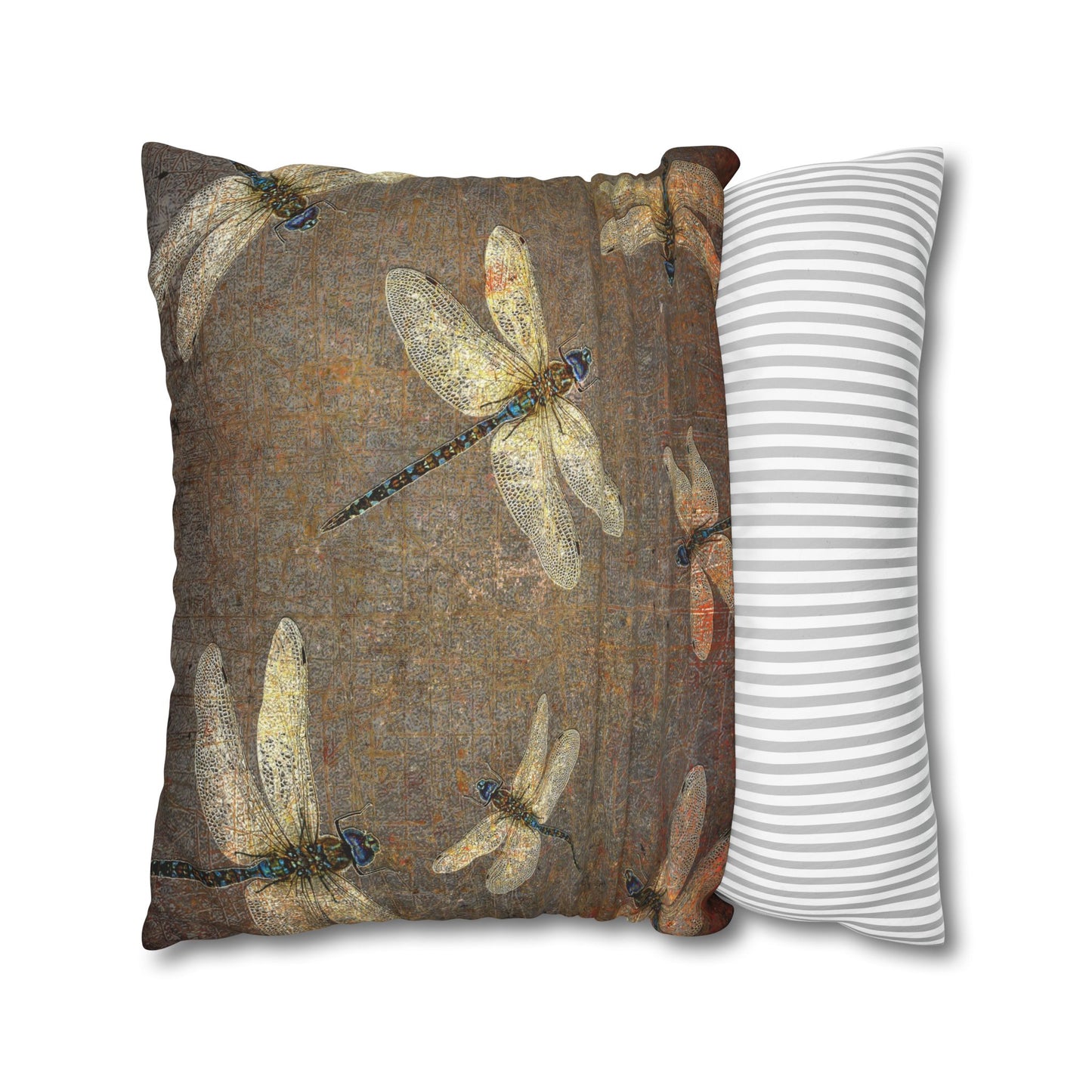 Dragonfly Themed Square Pillow Cover, Flight of Dragonflies on Distressed Background Print