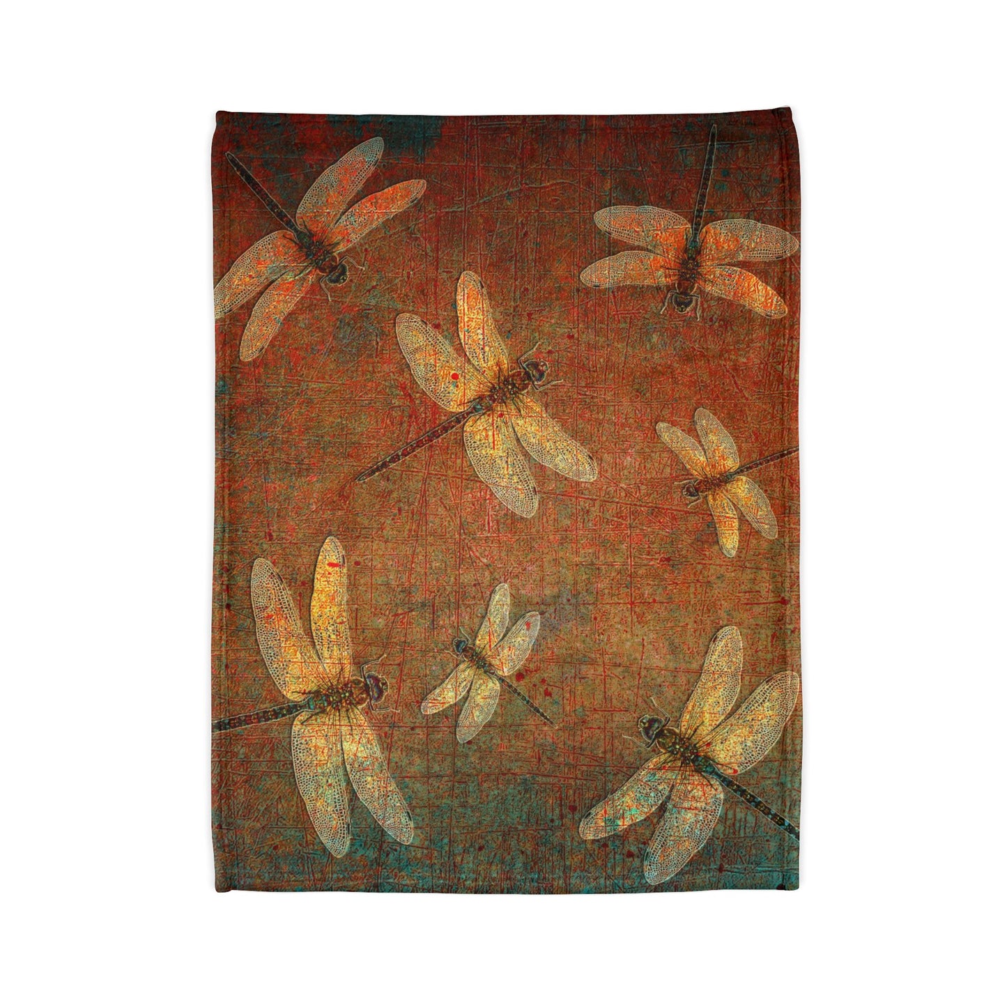 Dragonfly Minky Blanket: Flight of Dragonflies on Distressed Orange and Green Background