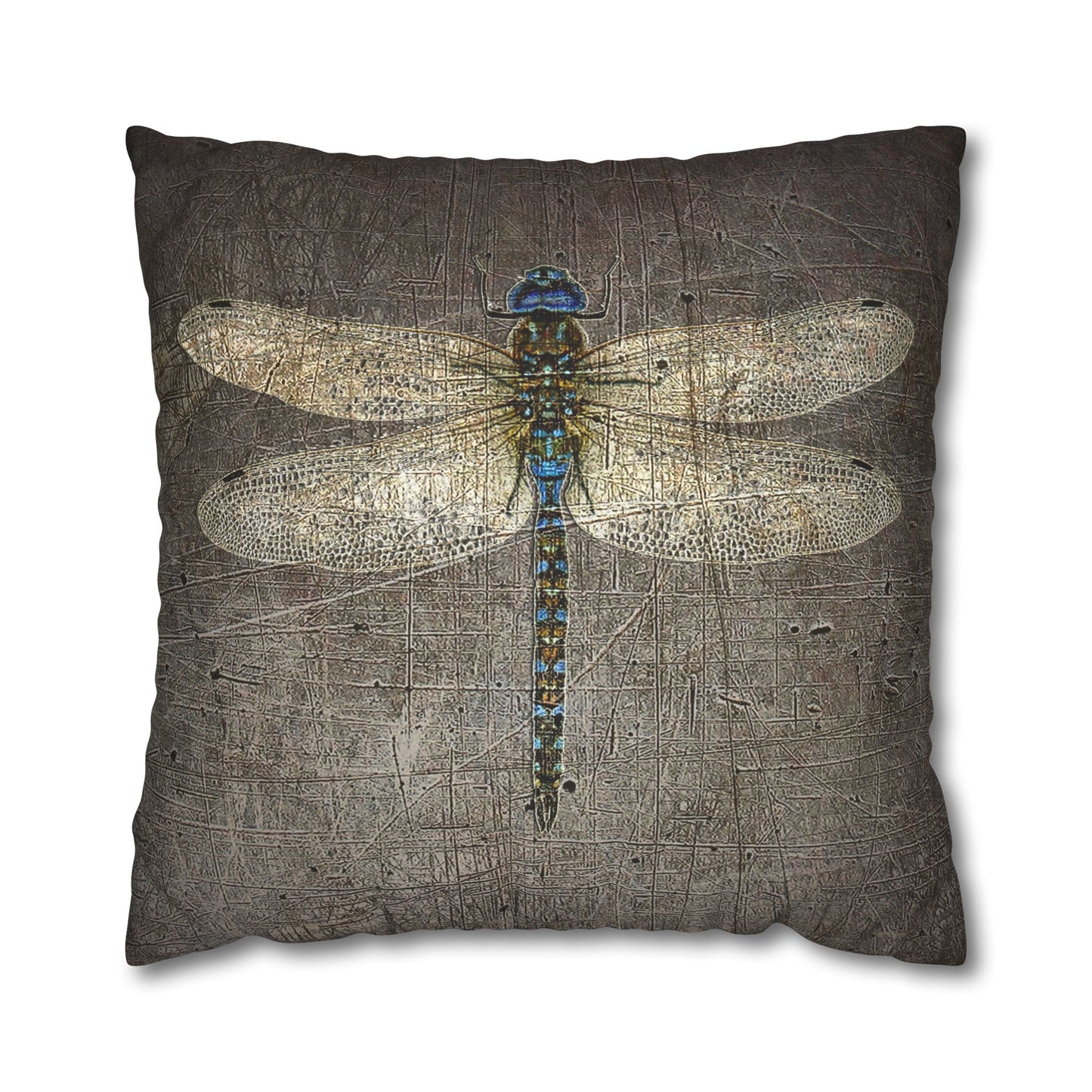 Dragonfly Themed Square Pillow Cover, Dragonflies on Distressed Stone Grey Print